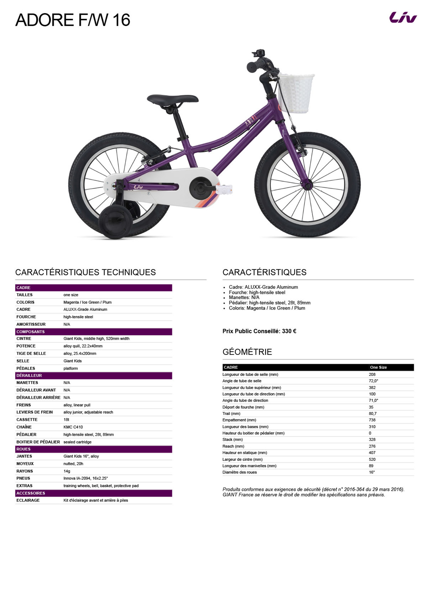 Fiche technique du velo Adore F/W 16