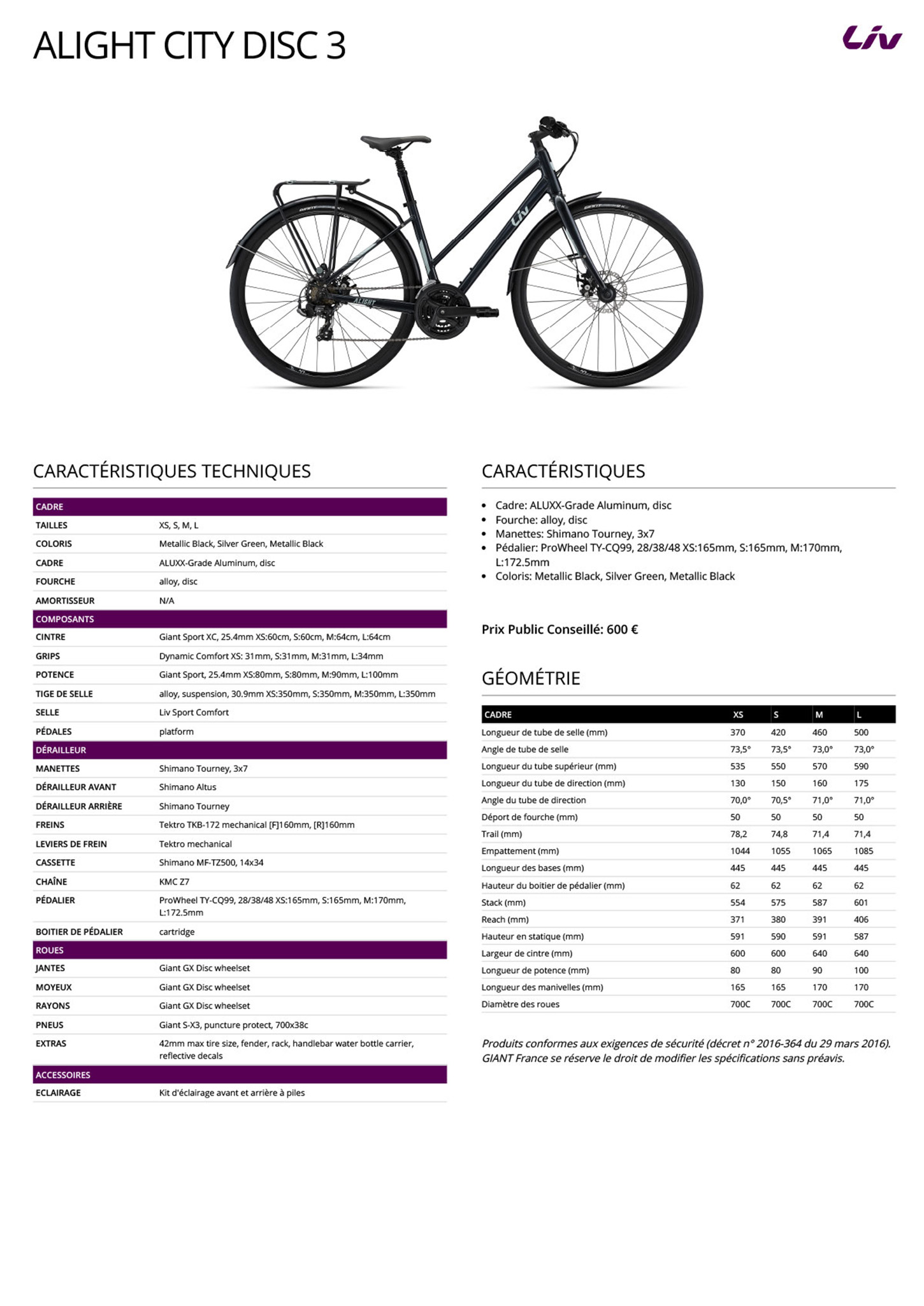Fiche technique du velo Alight 3 City
