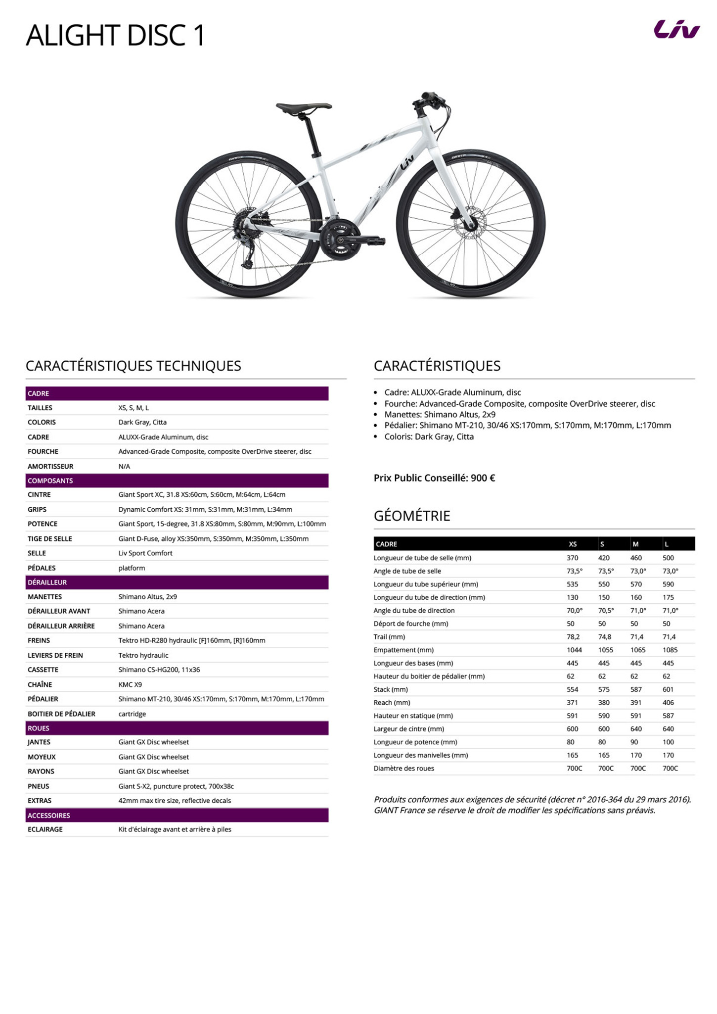 Fiche technique du velo Alight Disc 1
