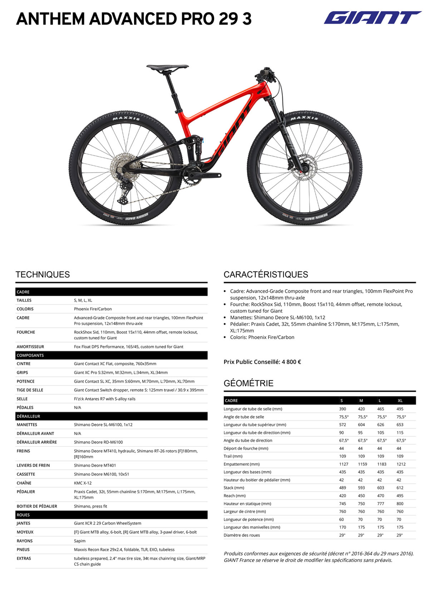 Fiche technique du velo Anthem Advanced Pro 29 3 Année 2023