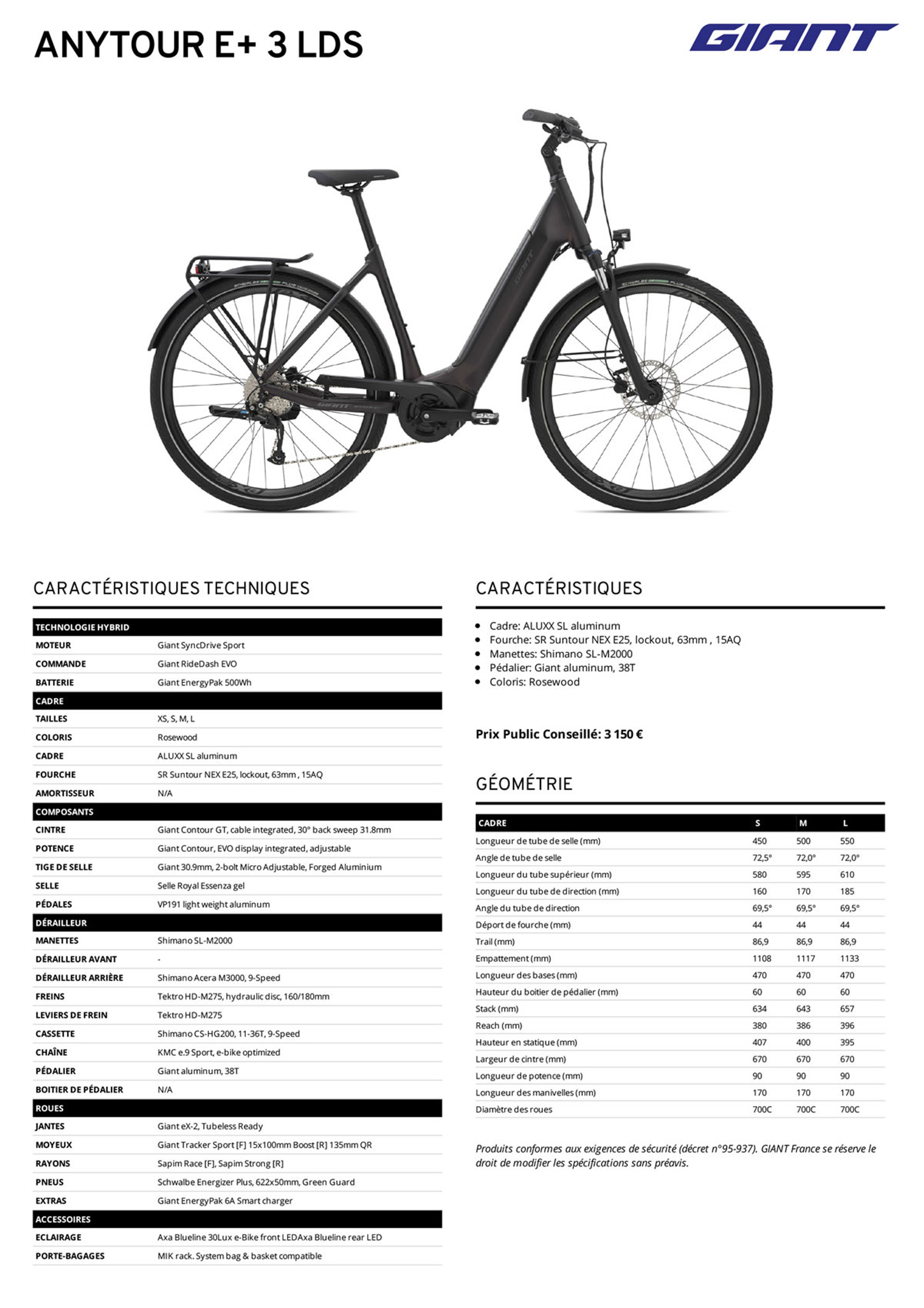 Fiche technique du velo électrique Anytour E+ 3 LDS année 2021