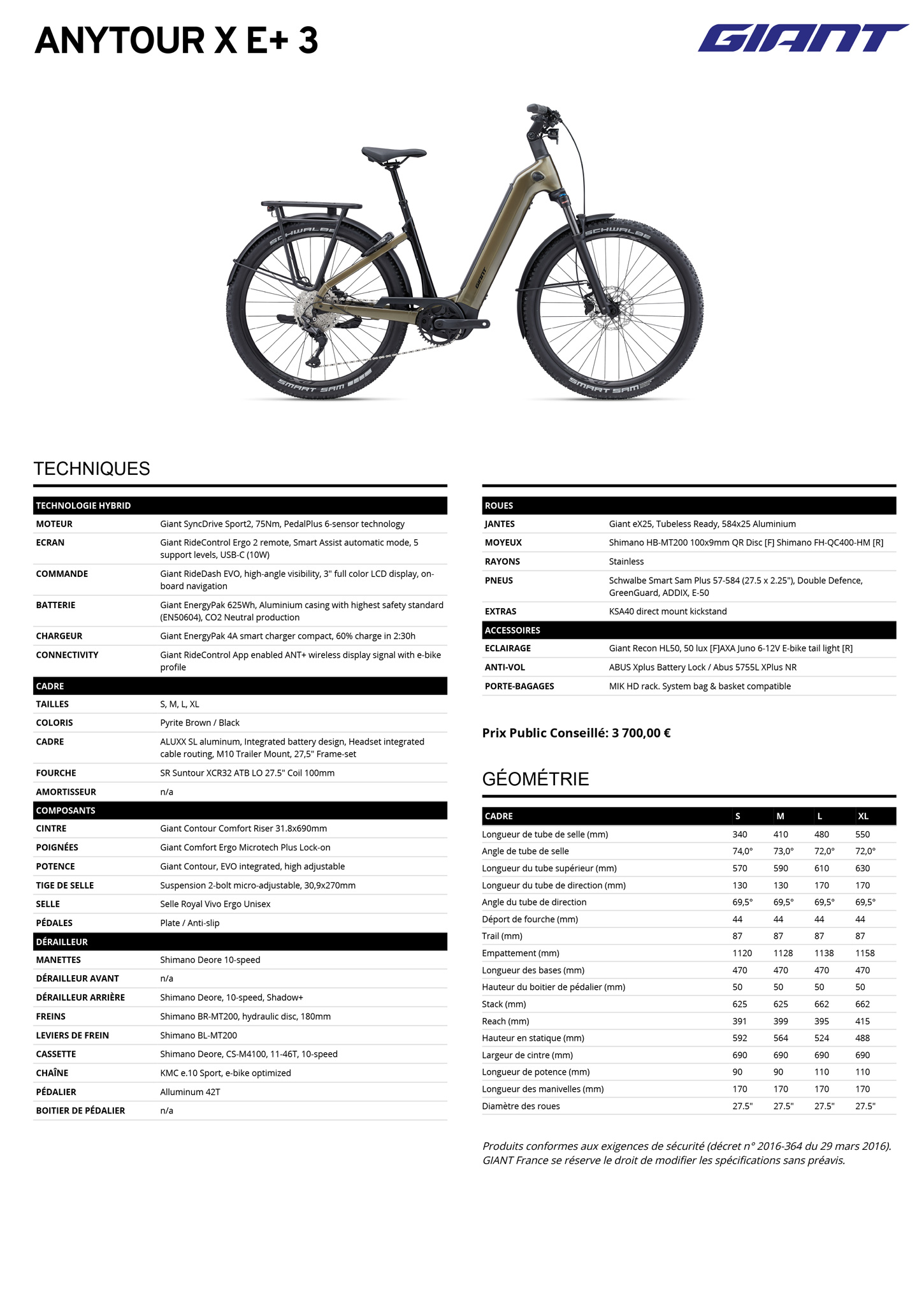 Fiche technique du velo électrique Anytour X E+ 3 année 2024