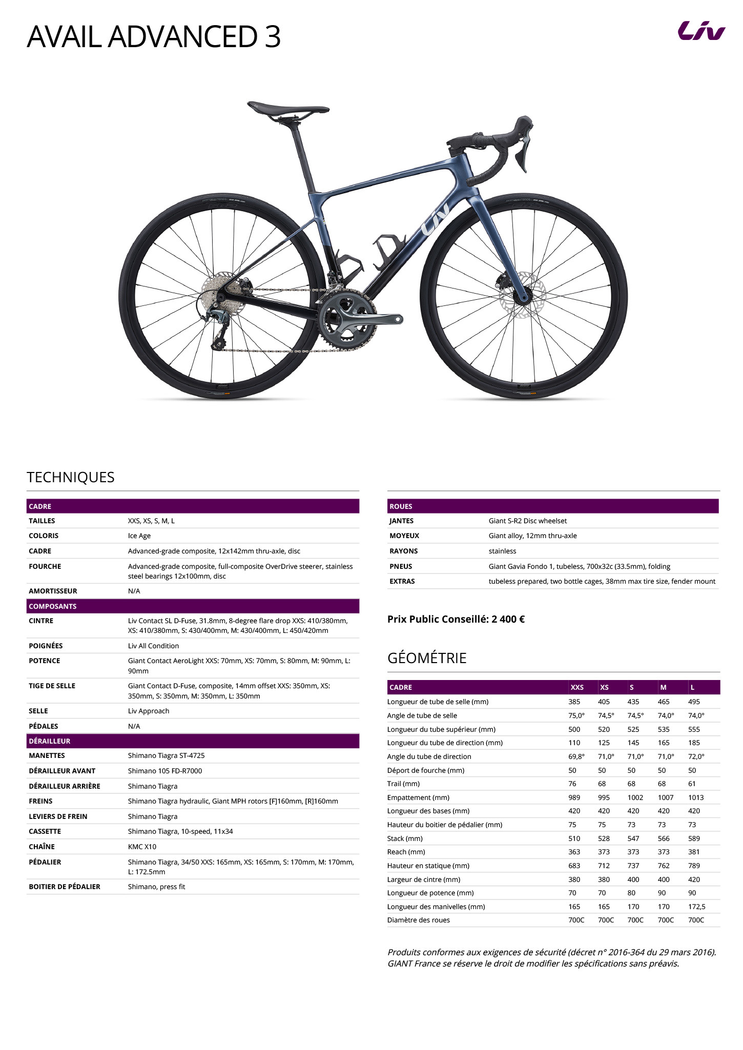 Fiche technique du velo Avail Advanced 3 Année 2023