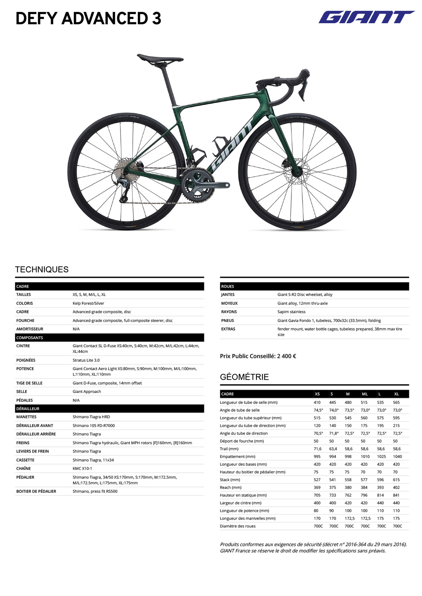 Fiche technique du velo Defy Advanced 3 année 2024
