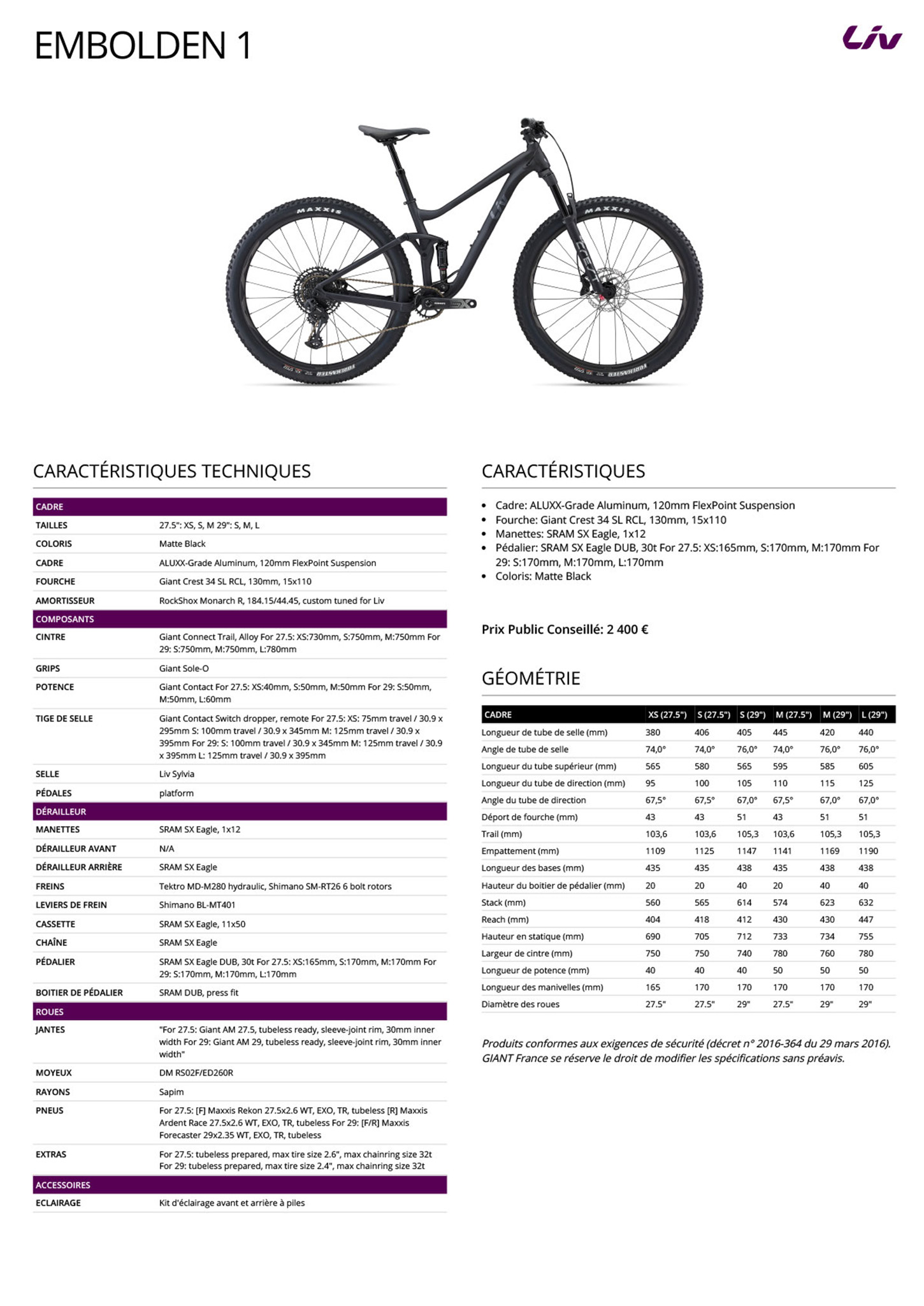 Fiche technique du velo Embolden 1