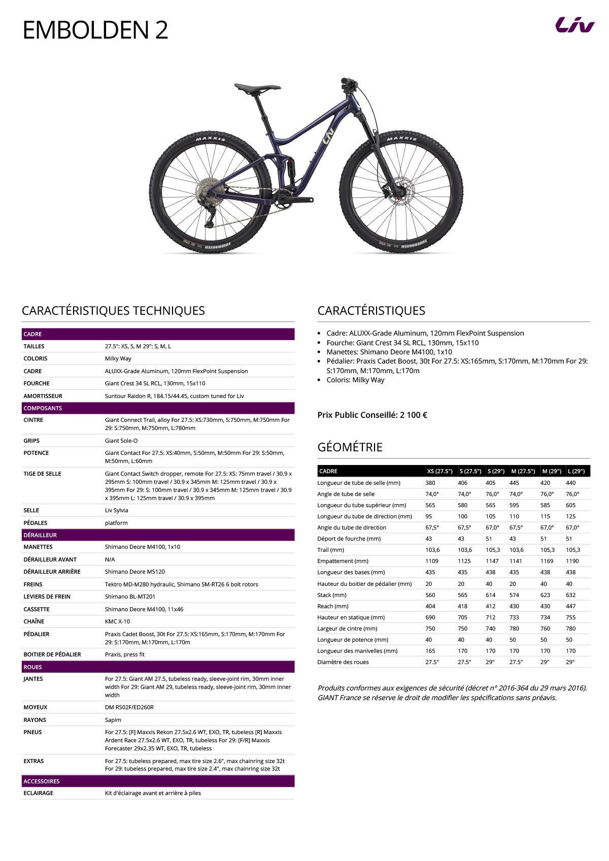 Fiche technique du velo Embolden 2