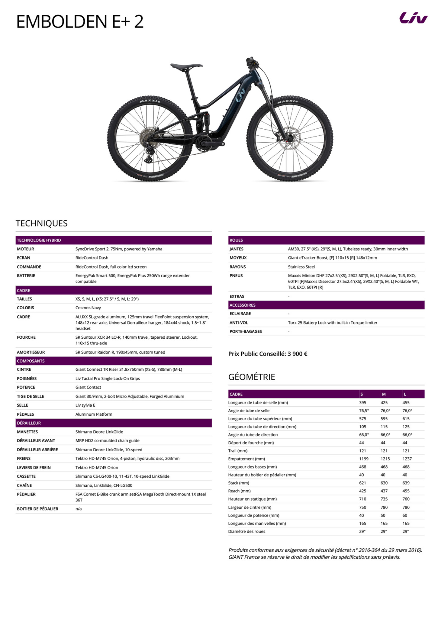 Fiche technique du velo Embolden E+ 2 année 2023
