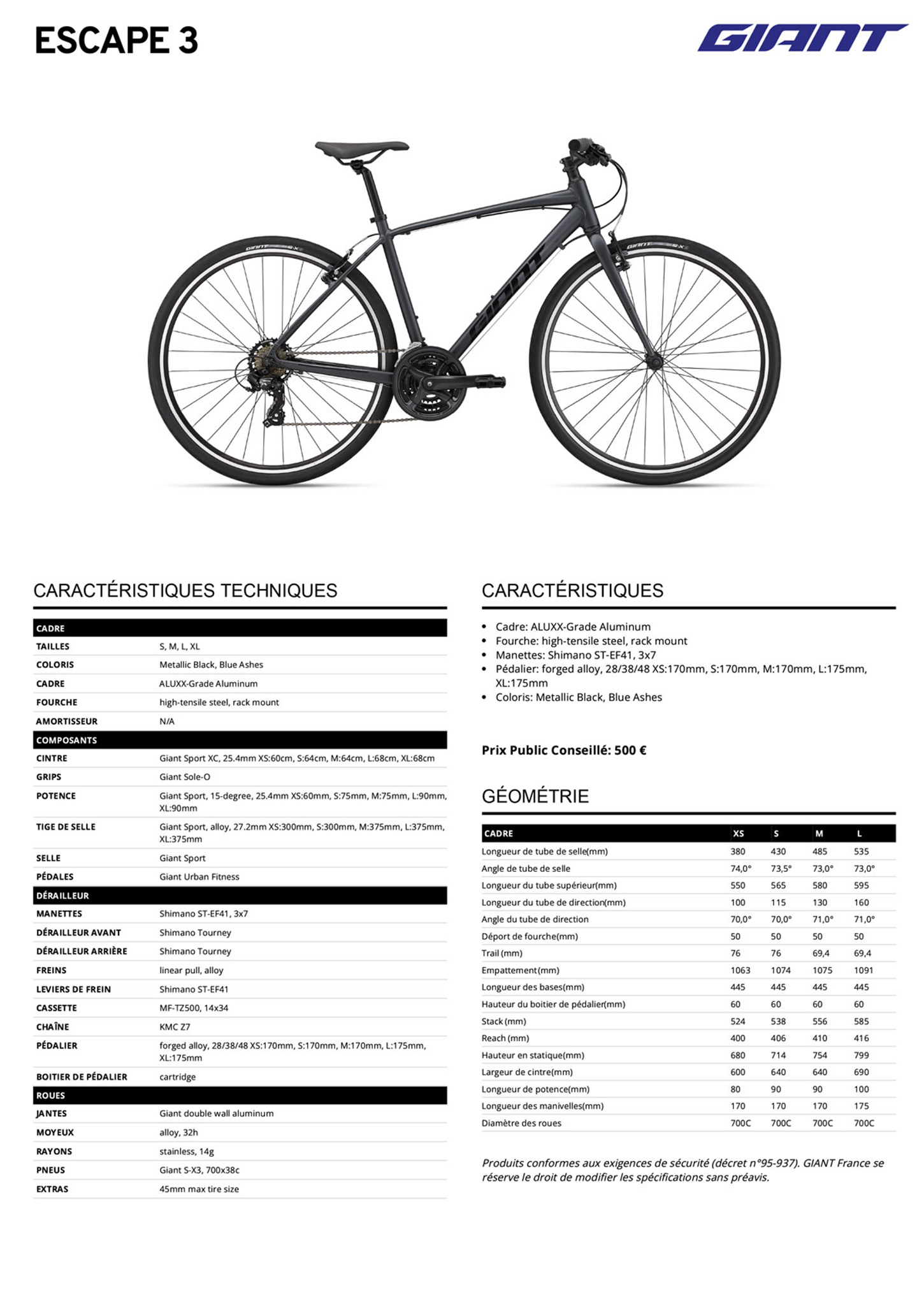 Fiche technique du velo Escape 3