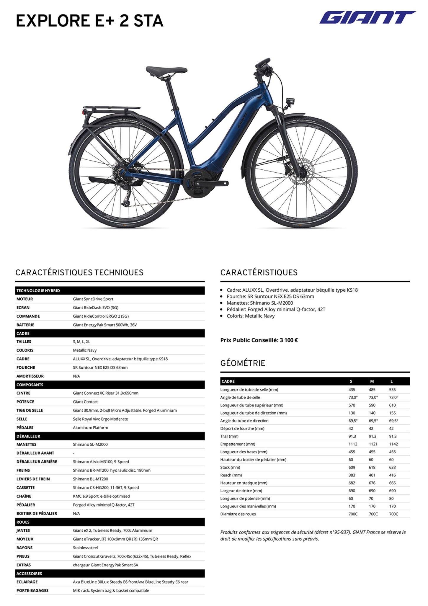 Fiche technique du velo Explore E+ 2 STA année 2021