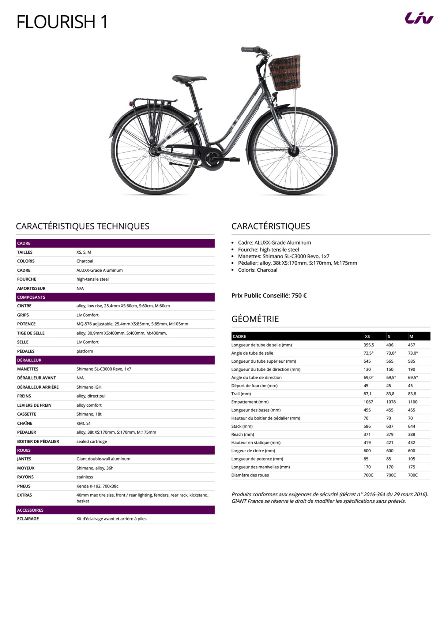 Fiche technique du velo Flourish 1 année 2022