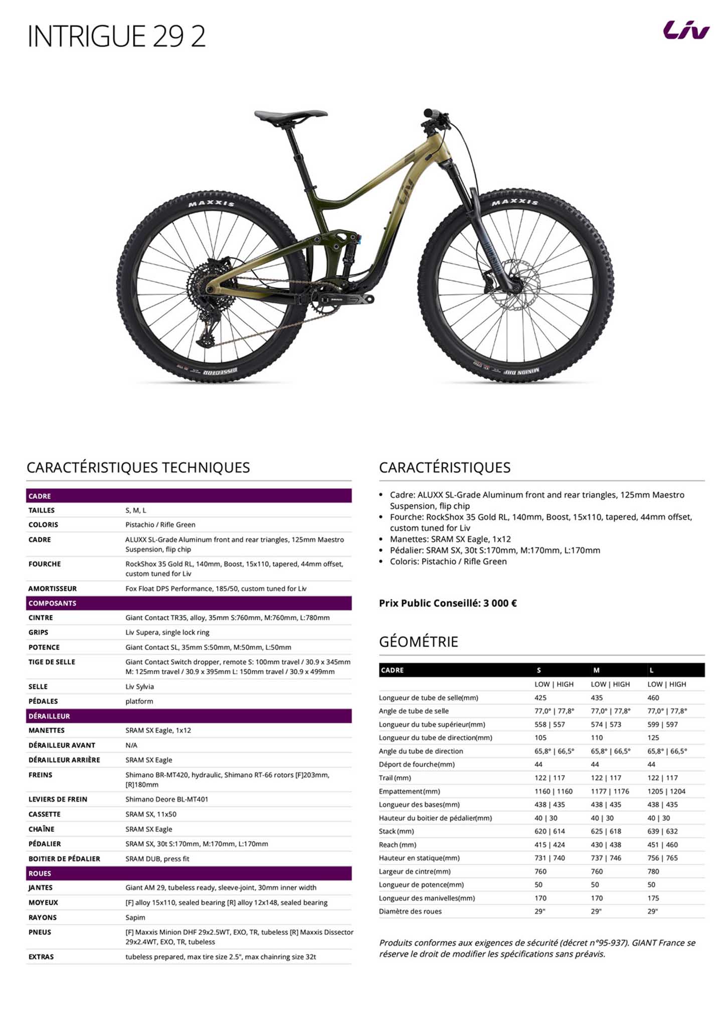 Fiche technique du velo Intrigue 29 2