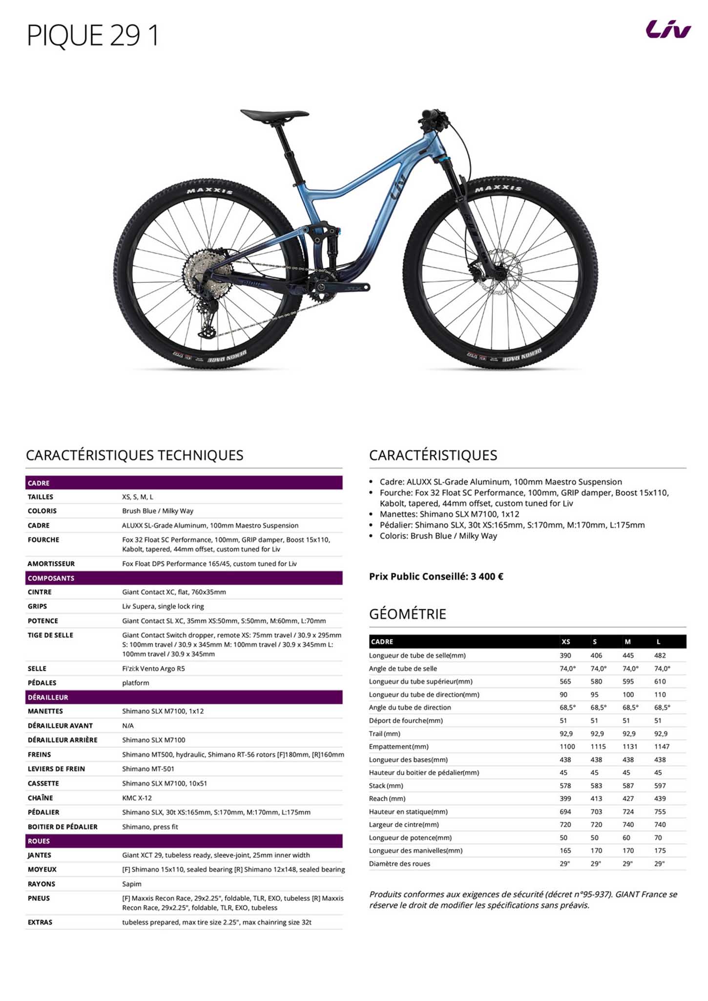 Fiche technique du velo Pique 29 1