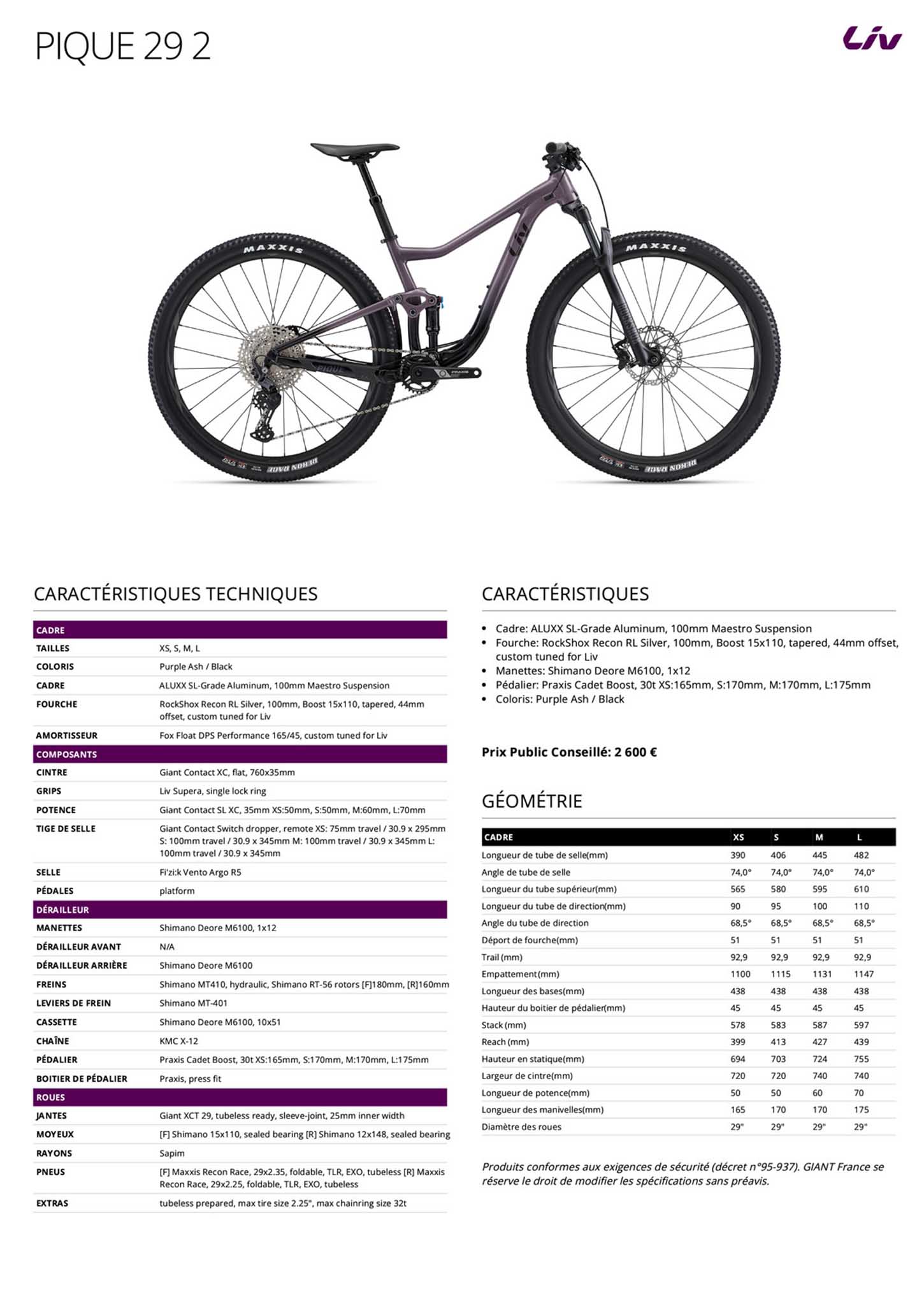 Fiche technique du velo Pique 29 2
