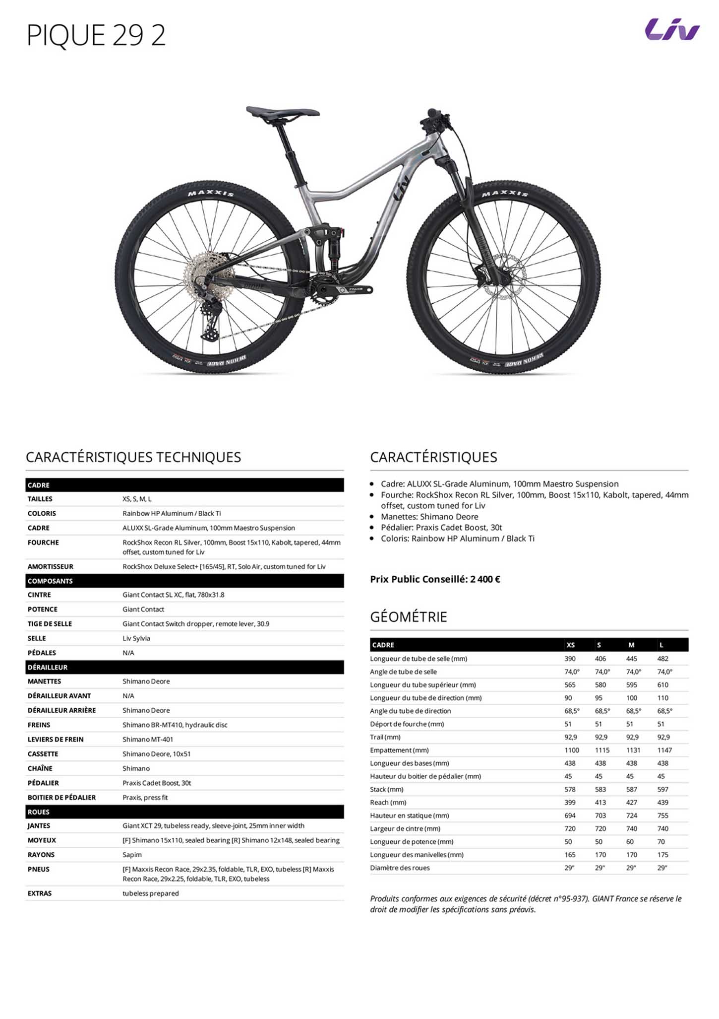 Fiche technique du velo Pique 29 2