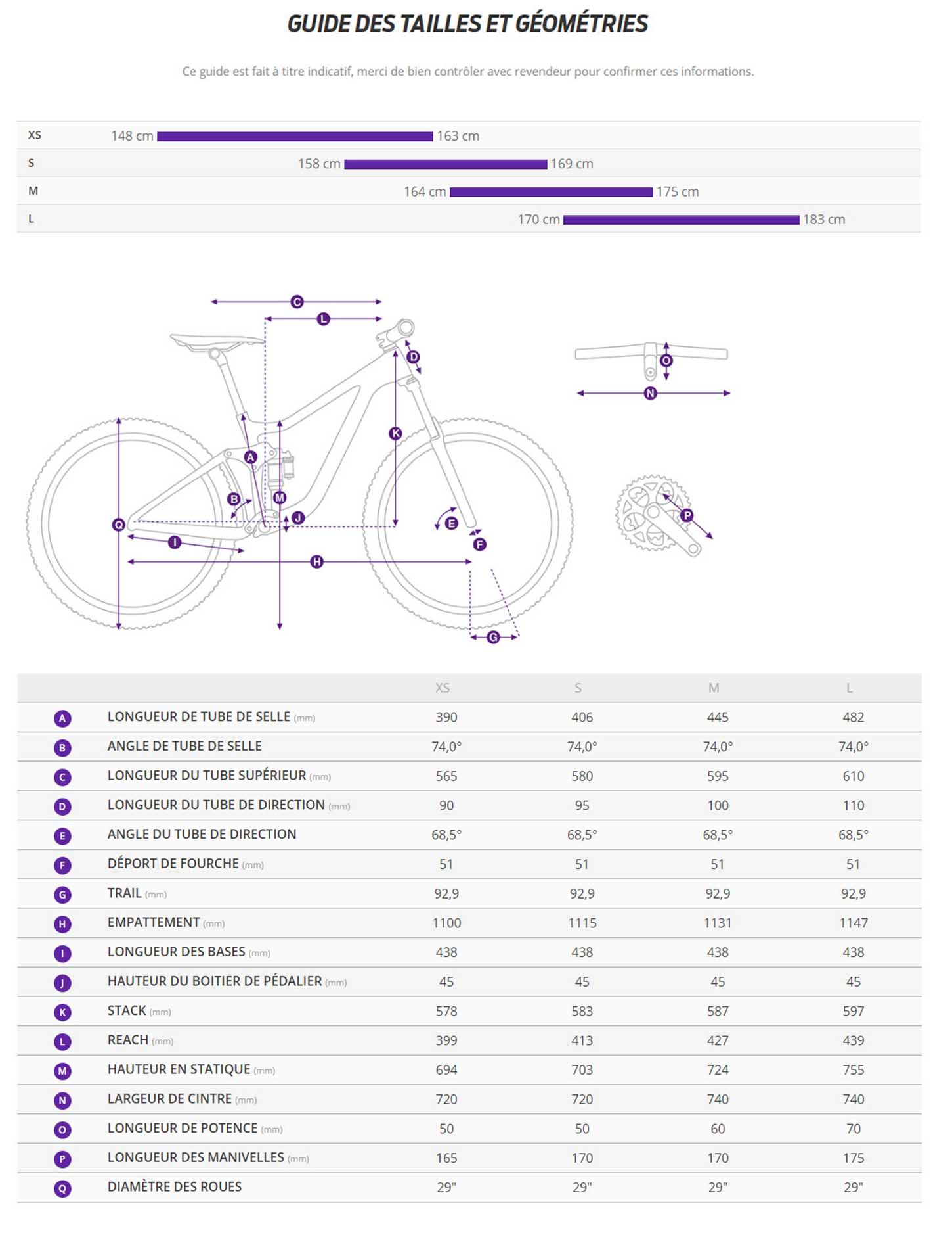 Guide de taille du velo Pique 29 2