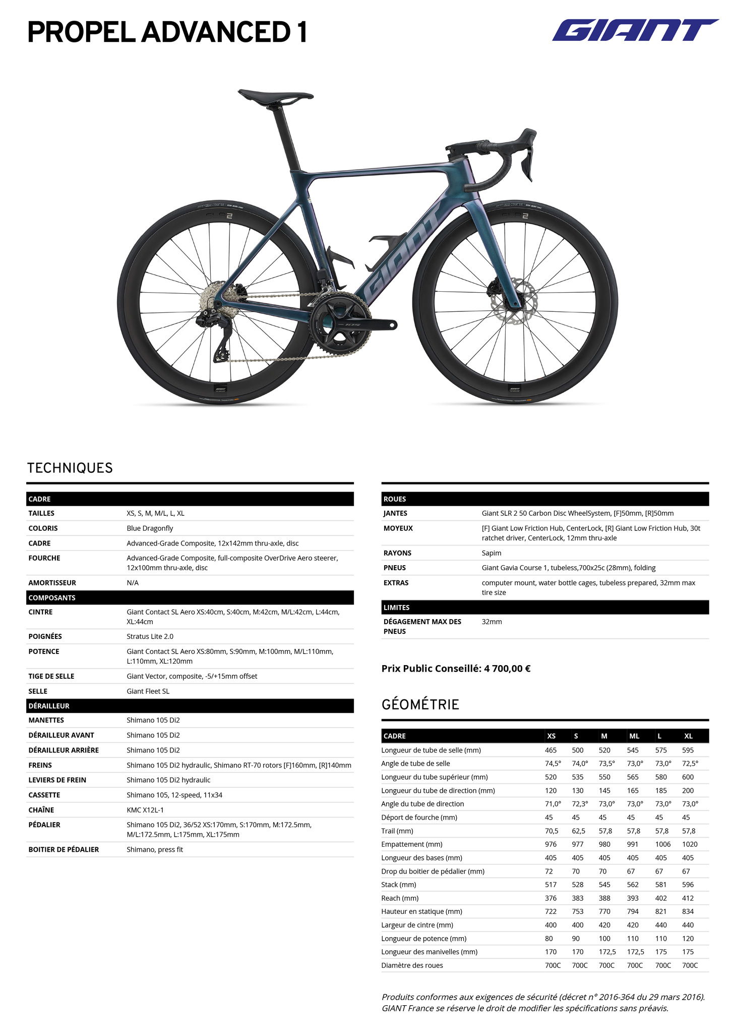 Fiche technique du velo Propel Advanced 1 Disc année 2025