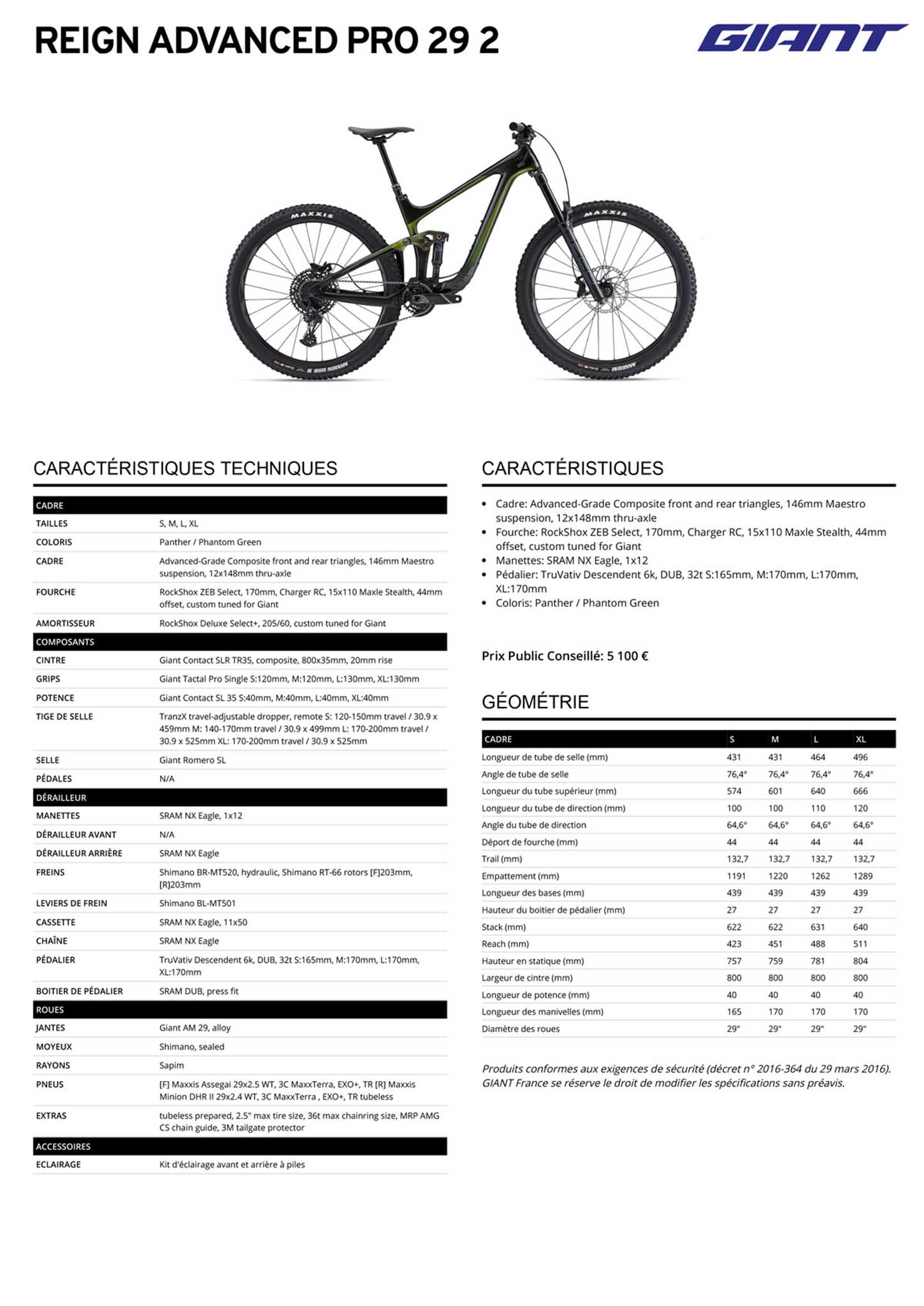Fiche technique du velo Reign Advanced Pro 29 2