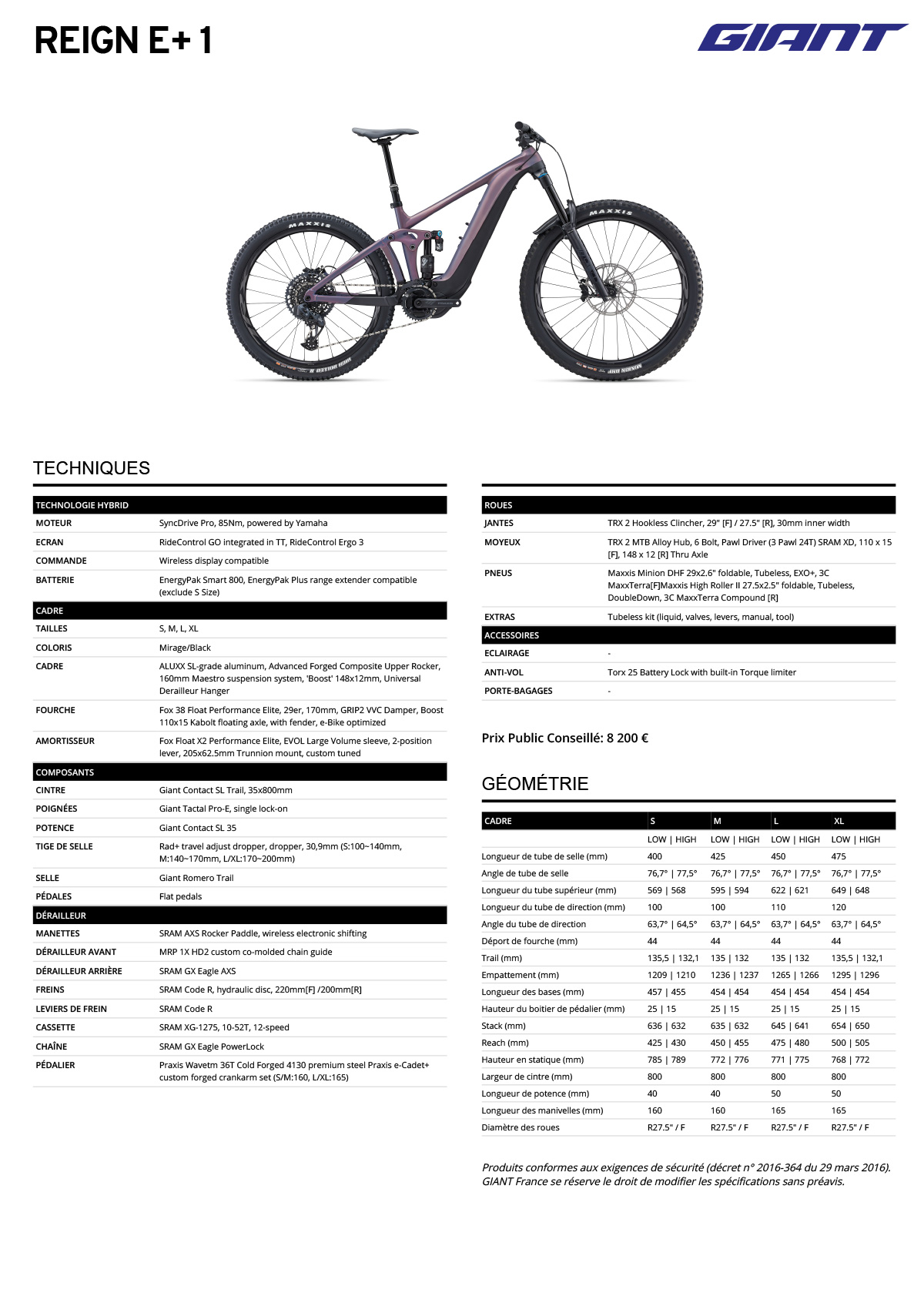 Fiche technique du velo électrique Reign E+ 1  année 2023