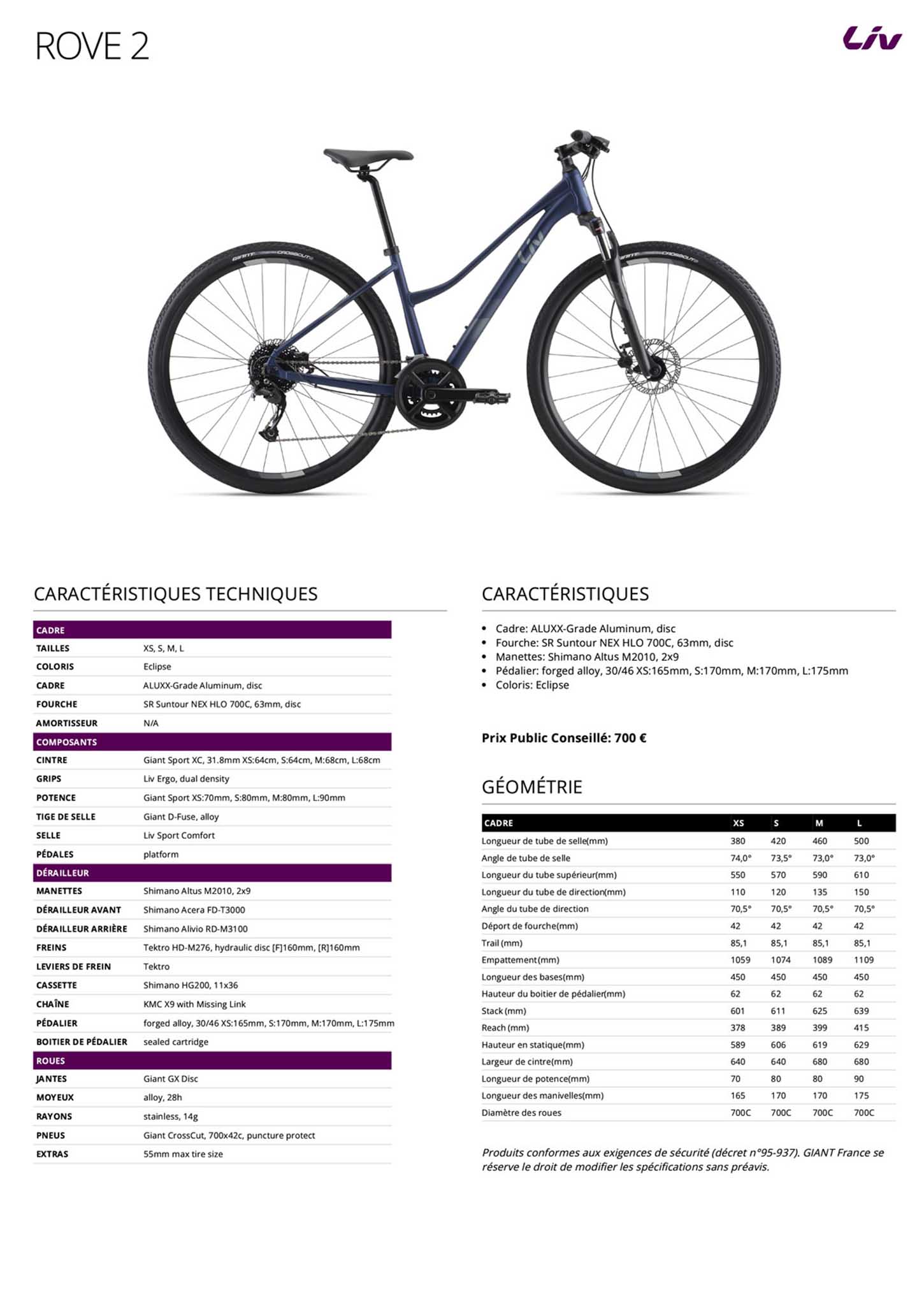Fiche technique du velo Rove 2