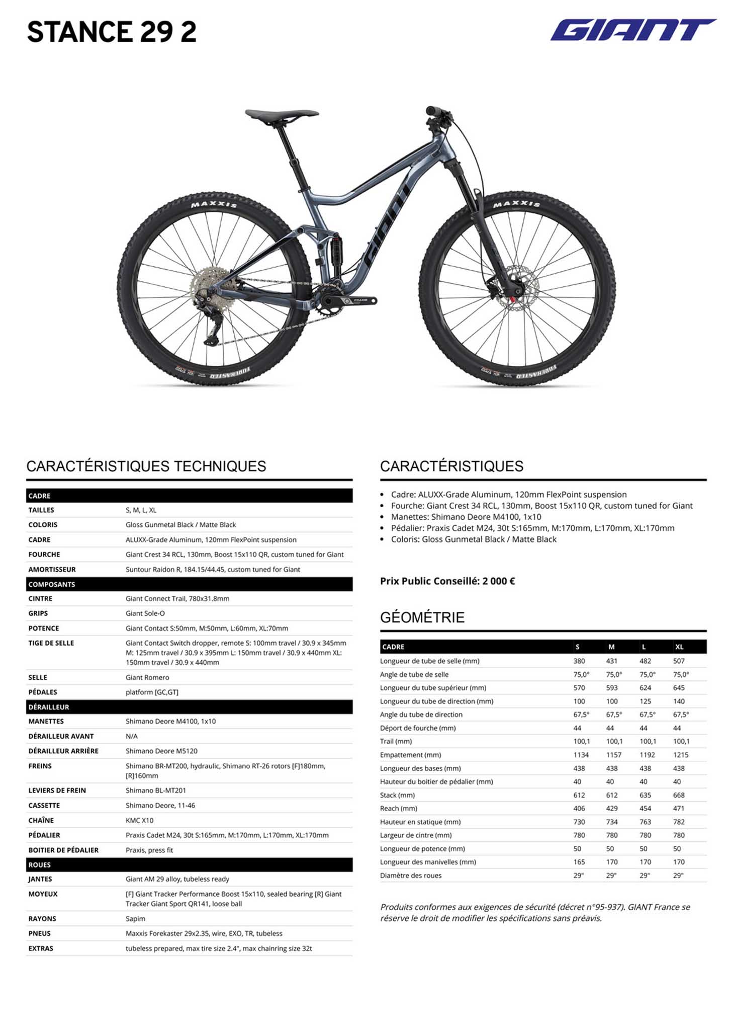 Fiche technique du velo Stance 29 2