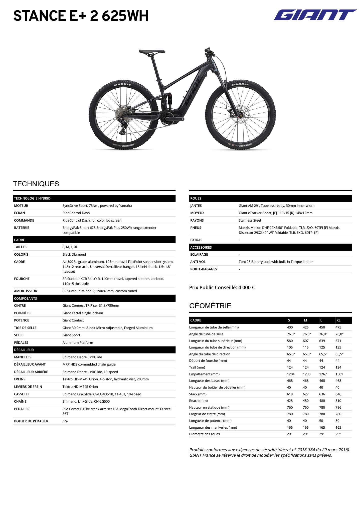 Fiche technique du velo électrique Stance E2 625Wh année 2023