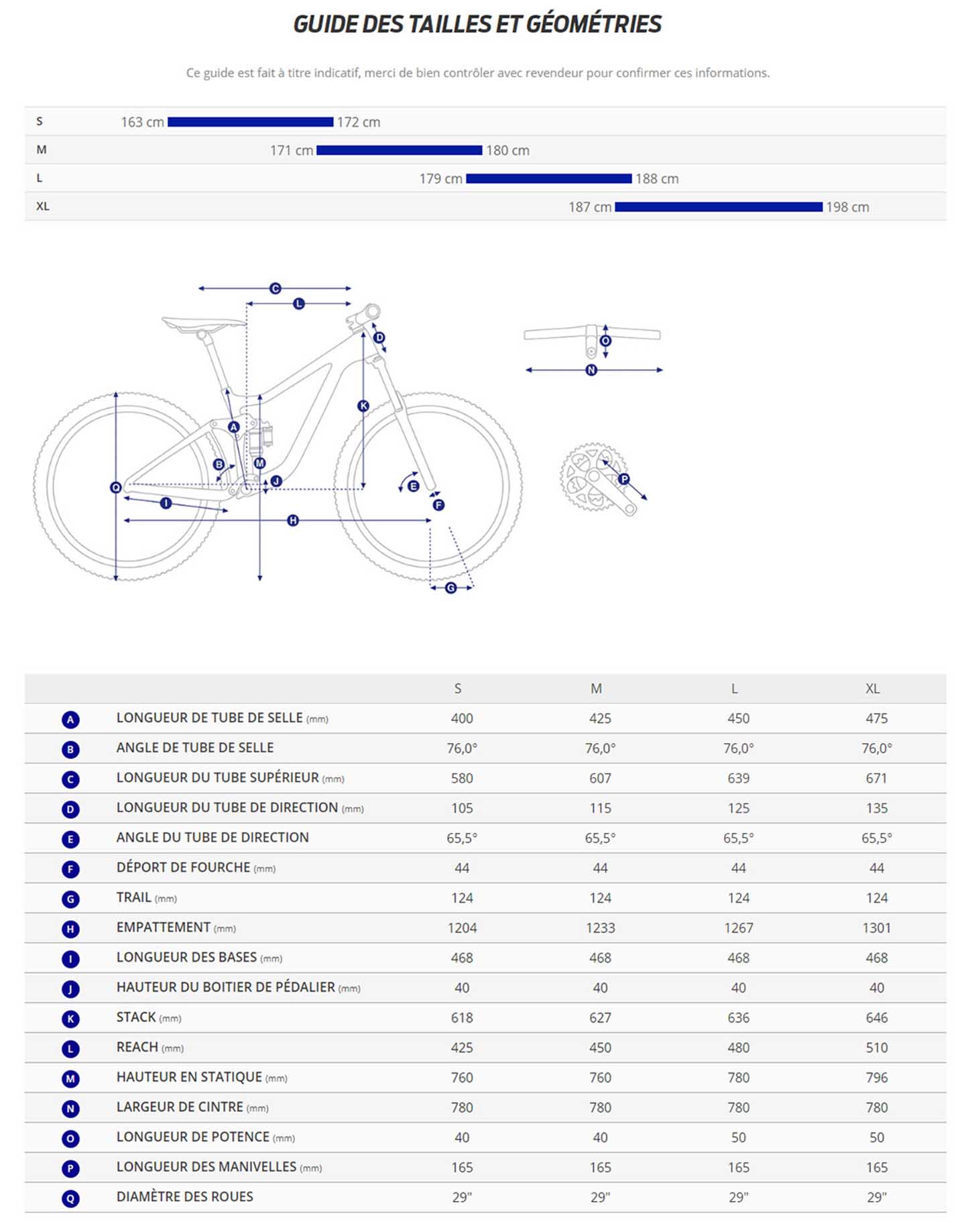 Guide de taille du velo électrique Stance E+ 2 625Wh Année 2023