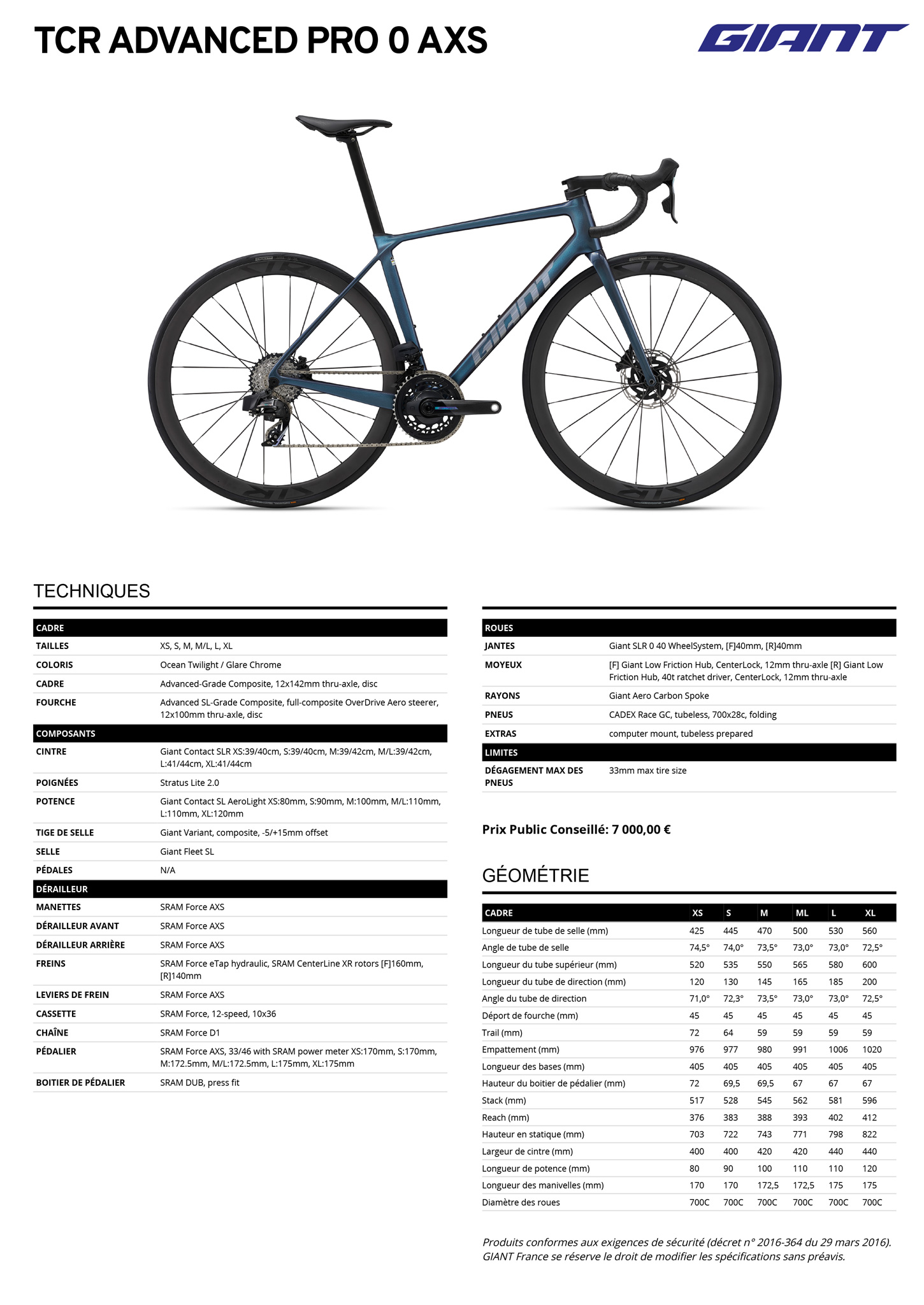 Fiche technique du velo TCR Advanced Pro 0 AXS année 2025
