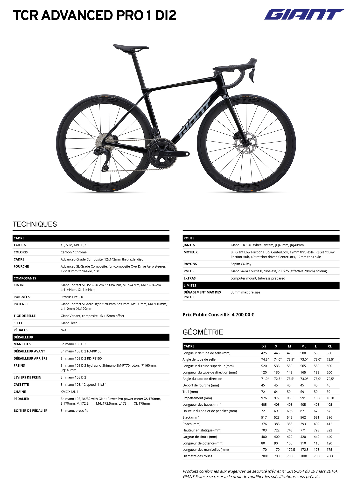 Fiche technique du velo TCR Advanced Pro 1 Di2 année 2025