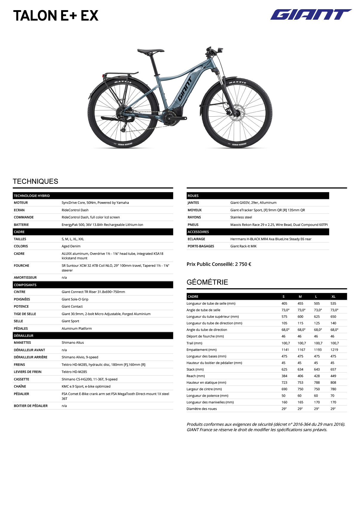 Fiche technique du velo électrique Talon E+ EX année 2023