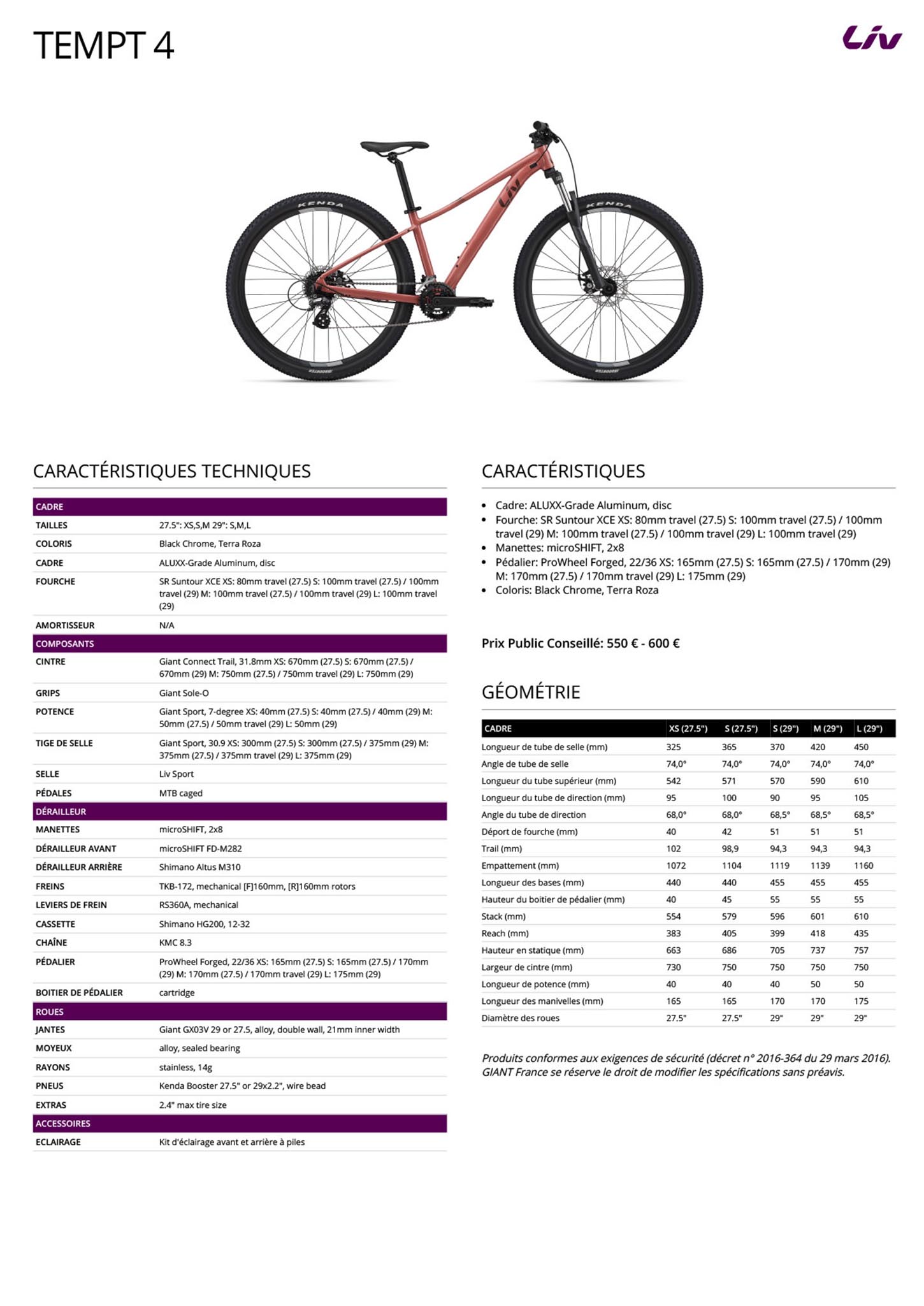Fiche technique du velo Tempt 4