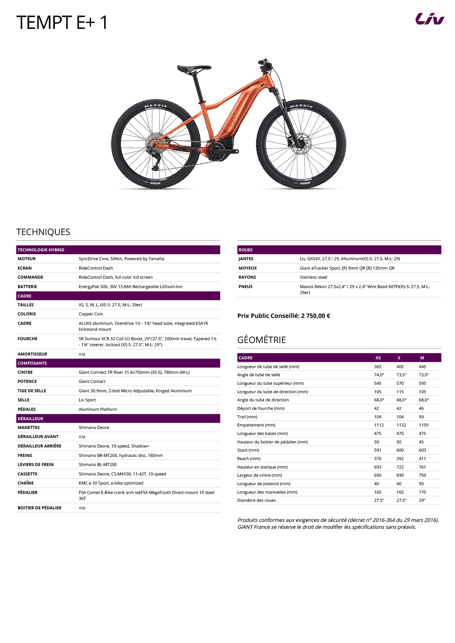 Fiche technique du velo Tempt E+ 1 année 2024