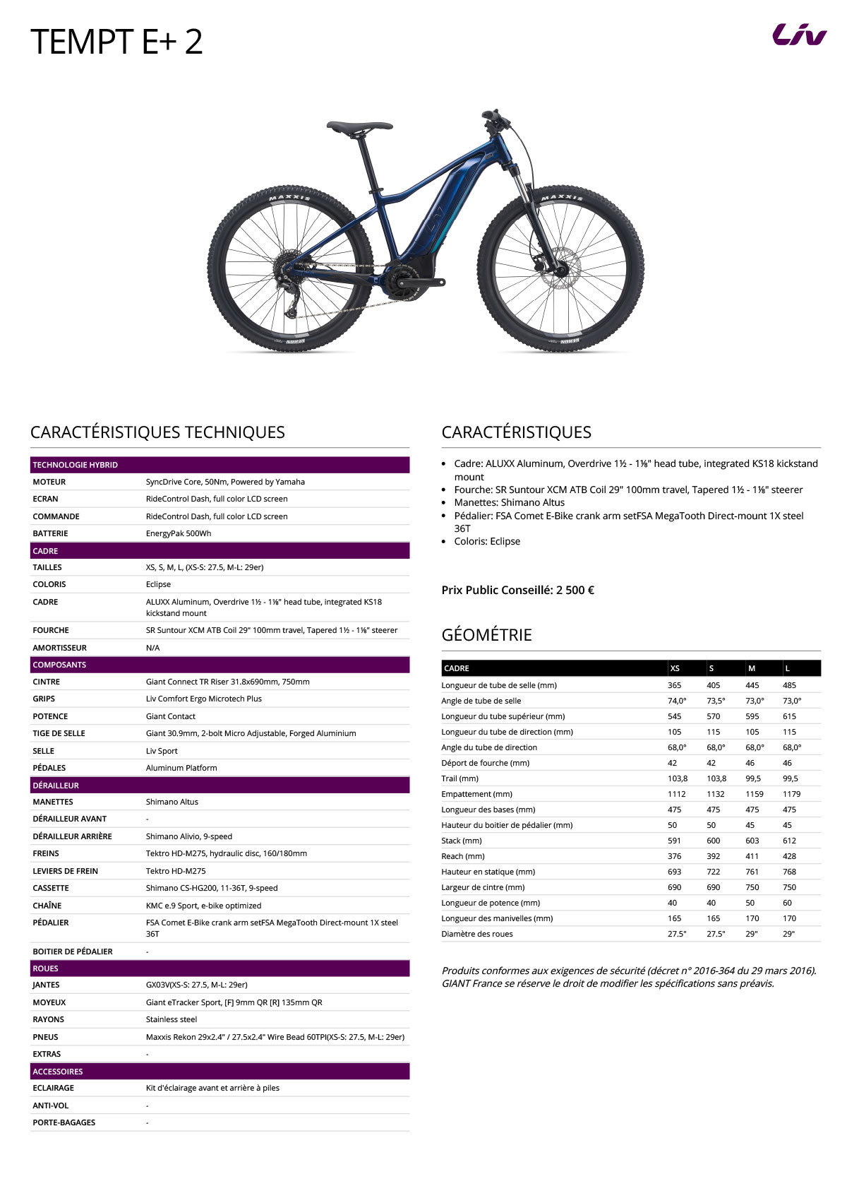 Fiche technique du velo Tempt E+ 2