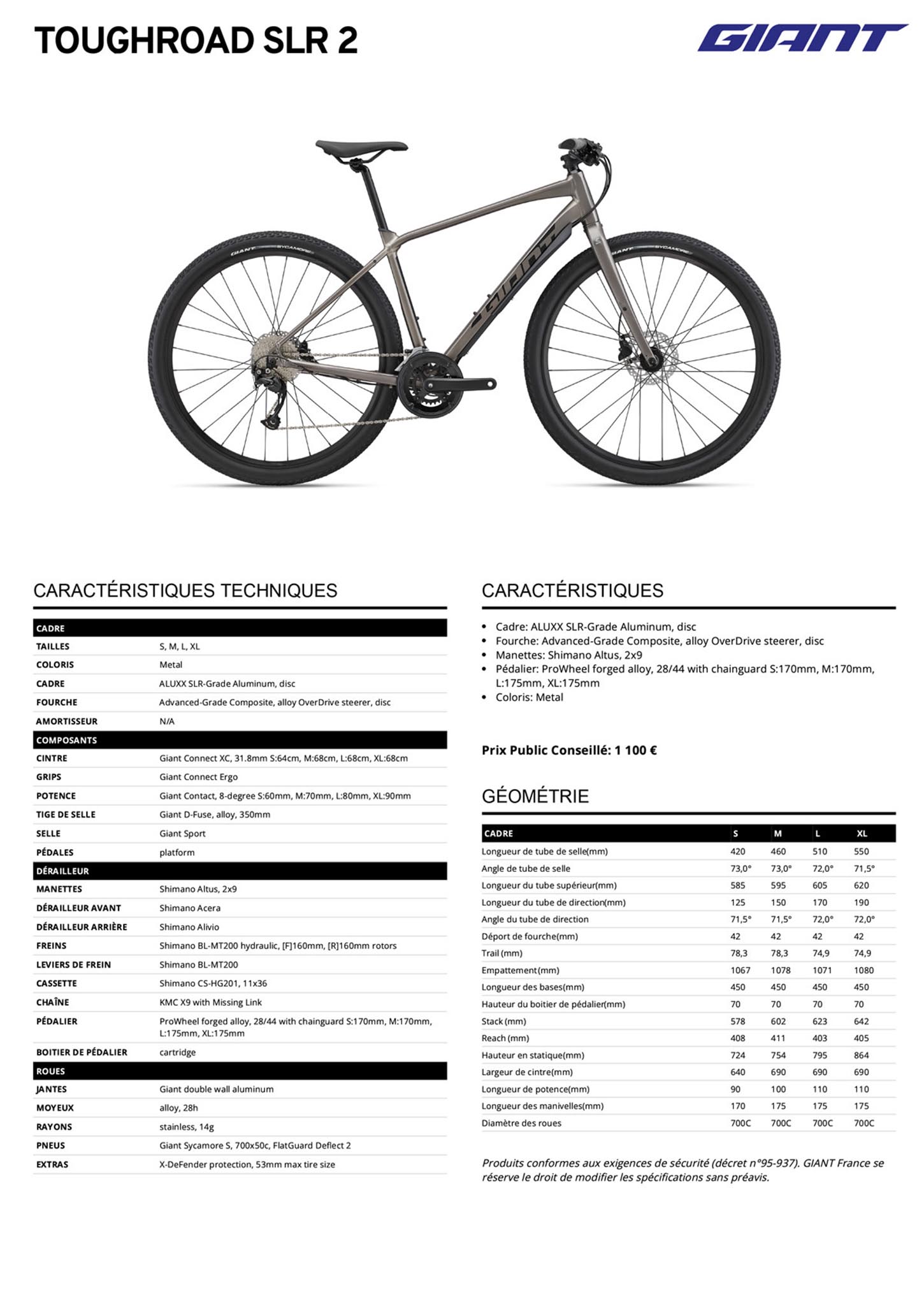 Fiche technique du velo Toughroad SLR 2