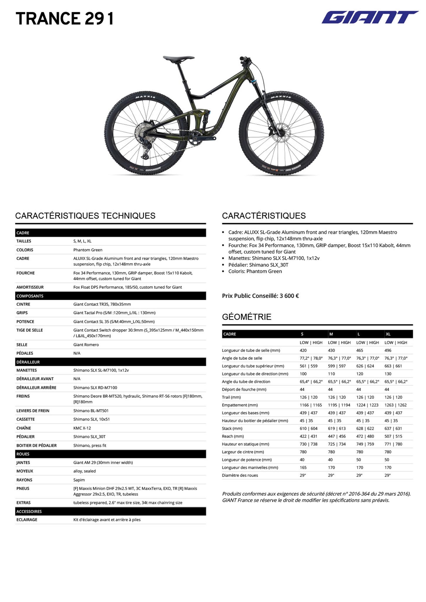 Fiche technique du velo Trance 29 1