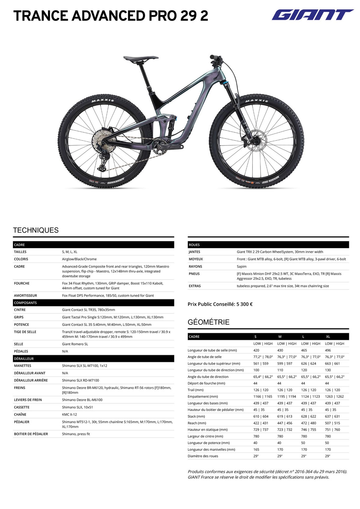 Fiche technique du velo Trance Advanced Pro 29 2 année 2023