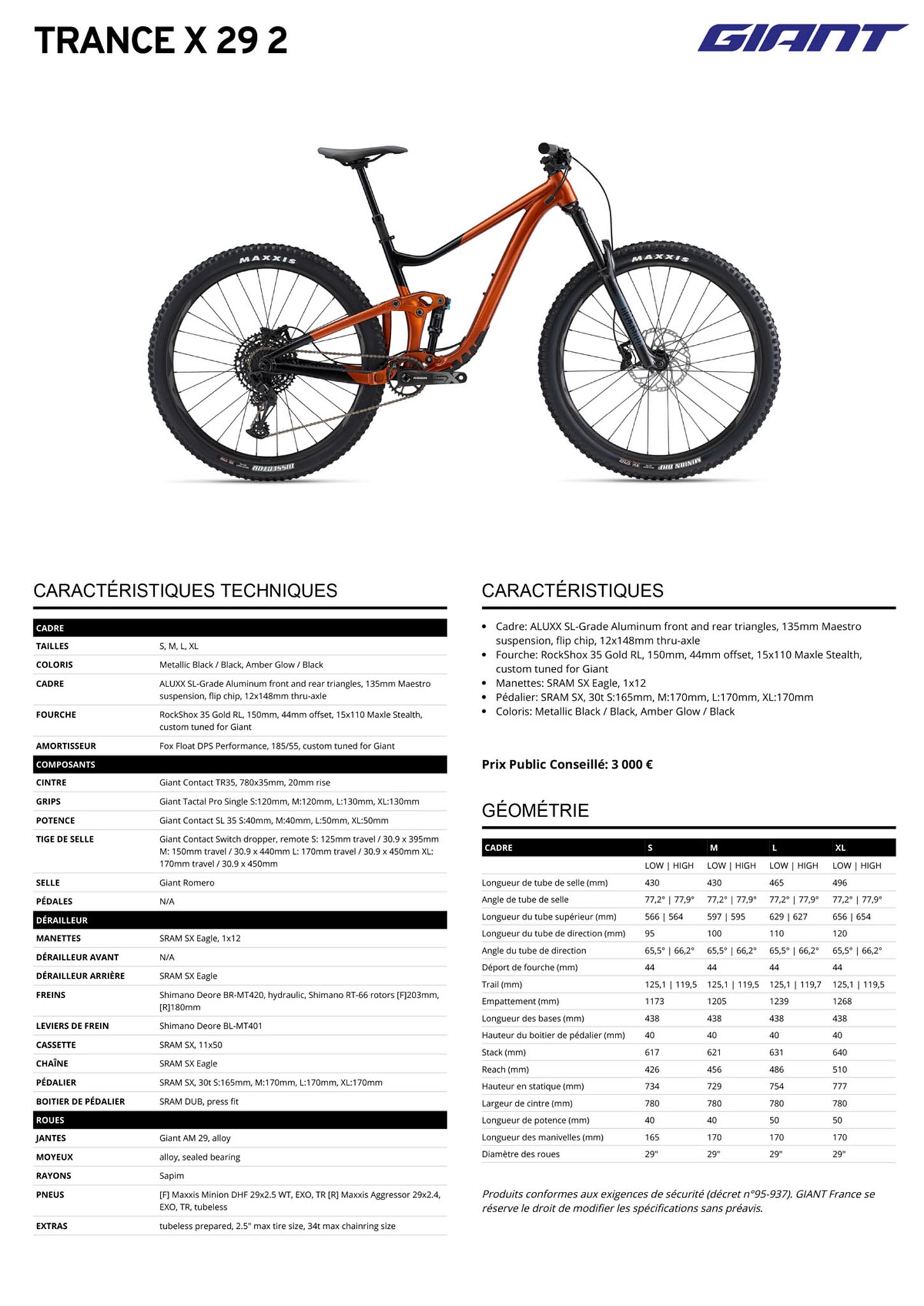 Fiche technique du velo Trance X 29 2