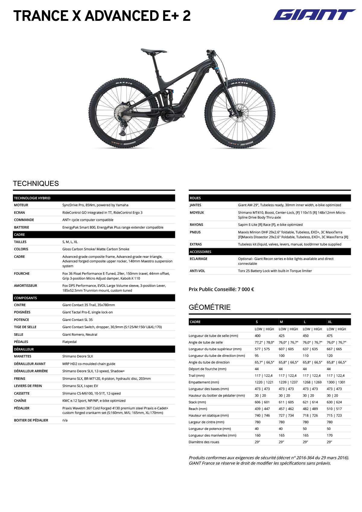 Fiche technique du velo électrique Trance X Advanced E+ 2 année 2023