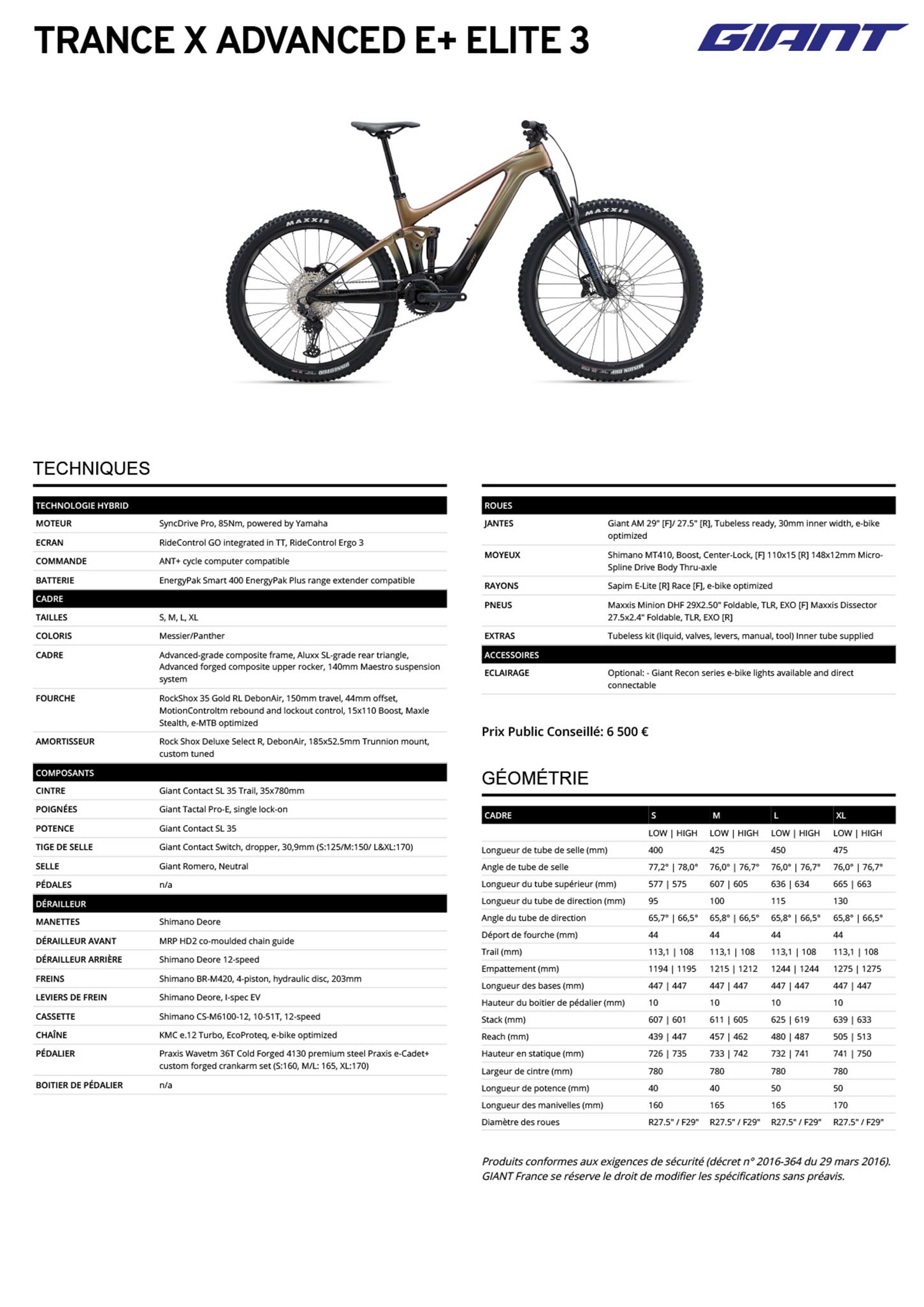 Fiche technique du velo électrique Trance X Advanced E+ 3 année 2023