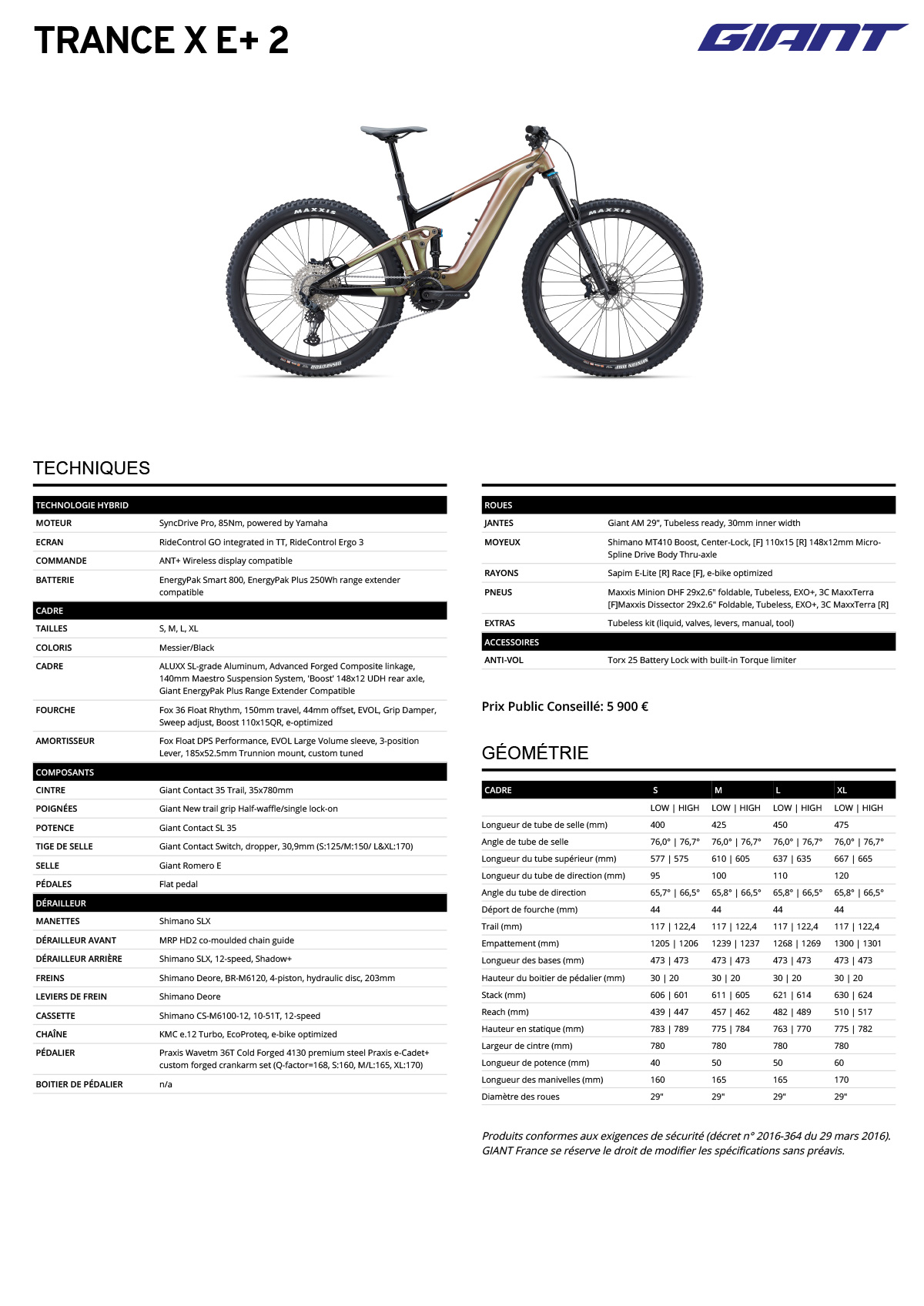 Fiche technique du velo électrique Trance X E+ 2 année 2023