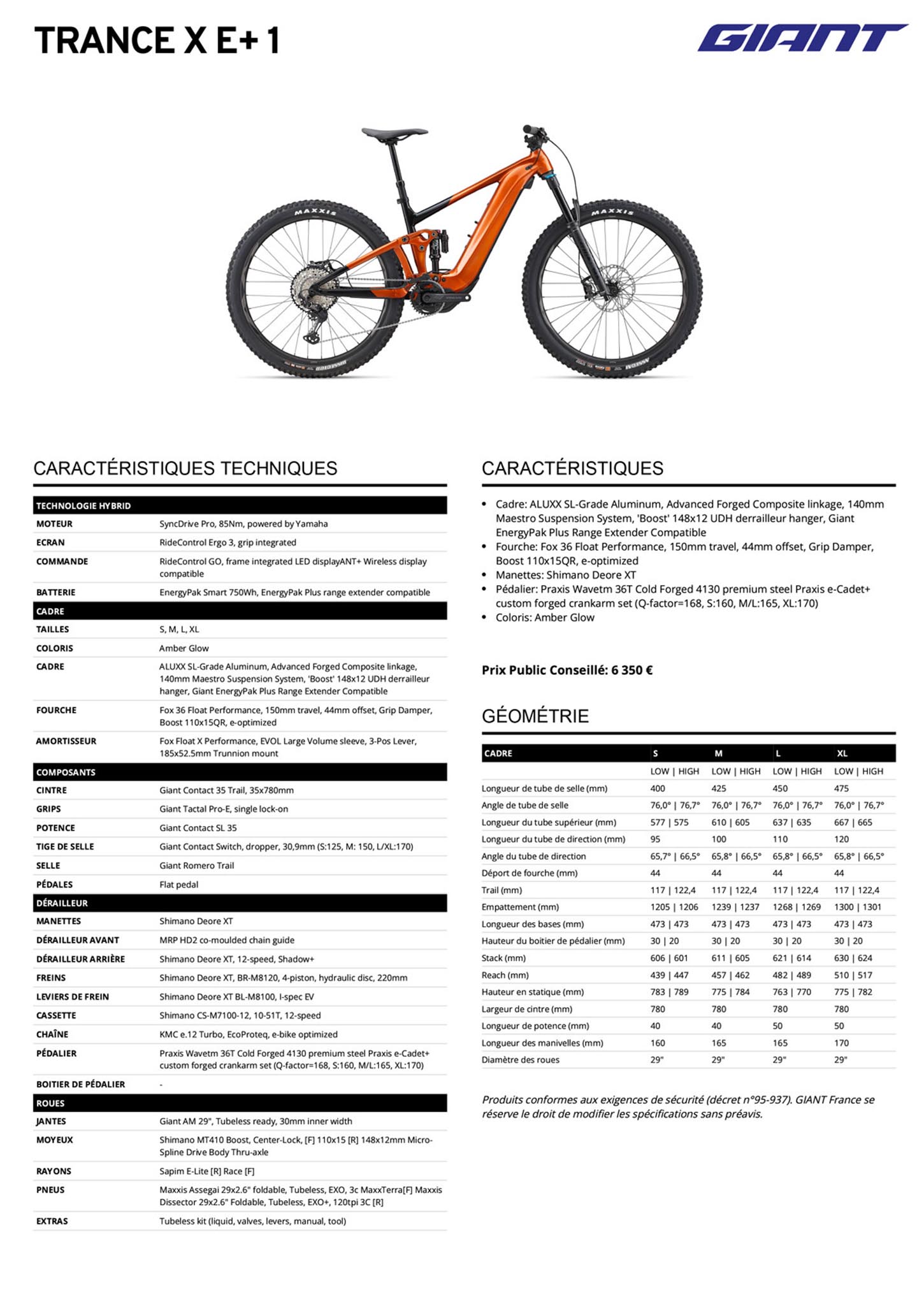 Fiche technique du velo  Trance X E+ 1