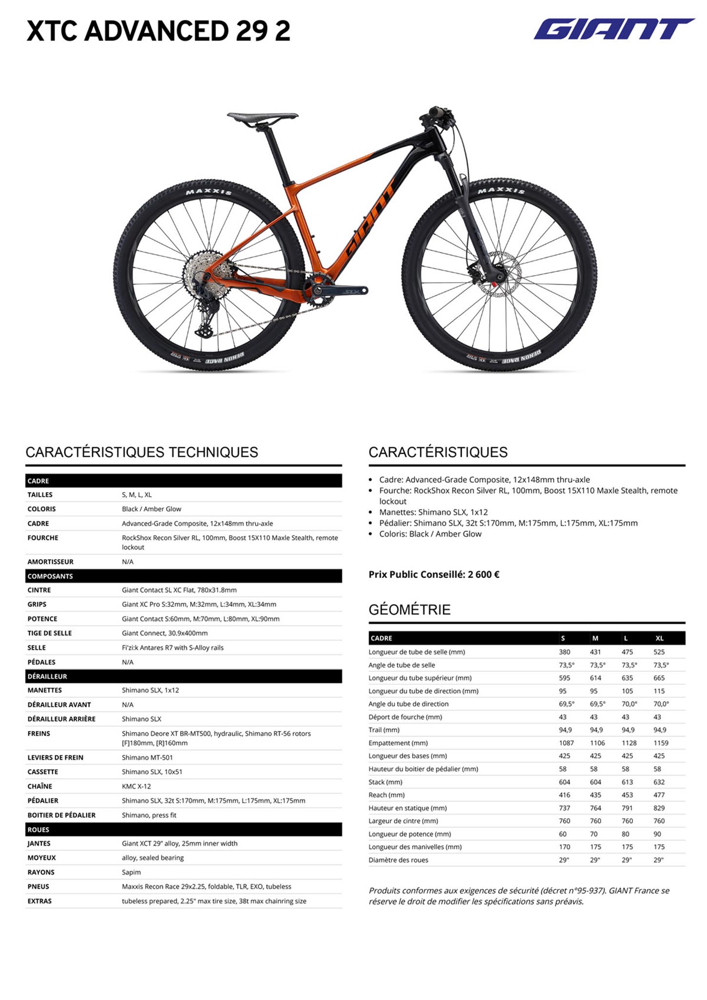 Fiche technique du velo XTC Advanced 29 2