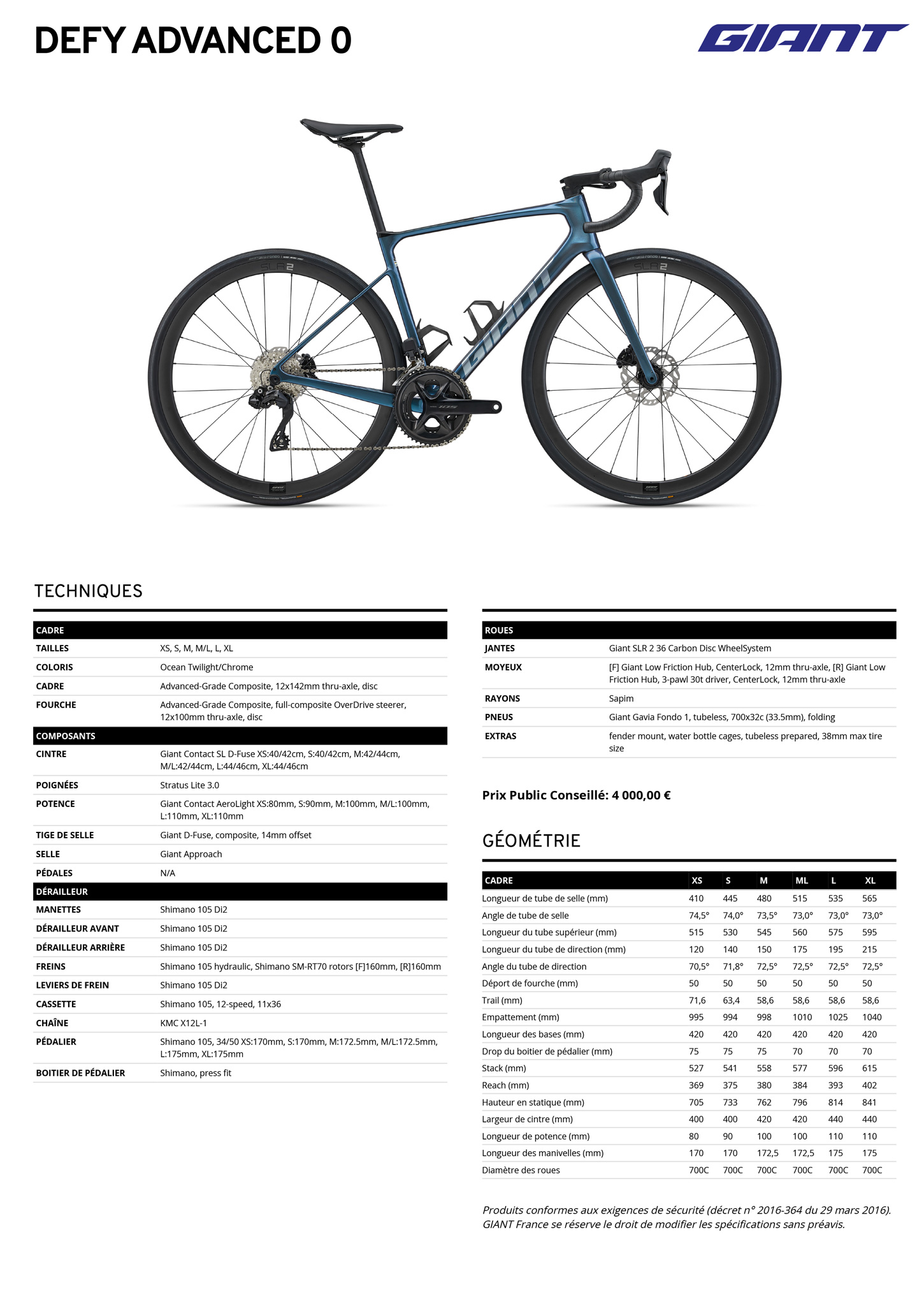 Fiche technique du velo Defy Advanced 0 année 2025