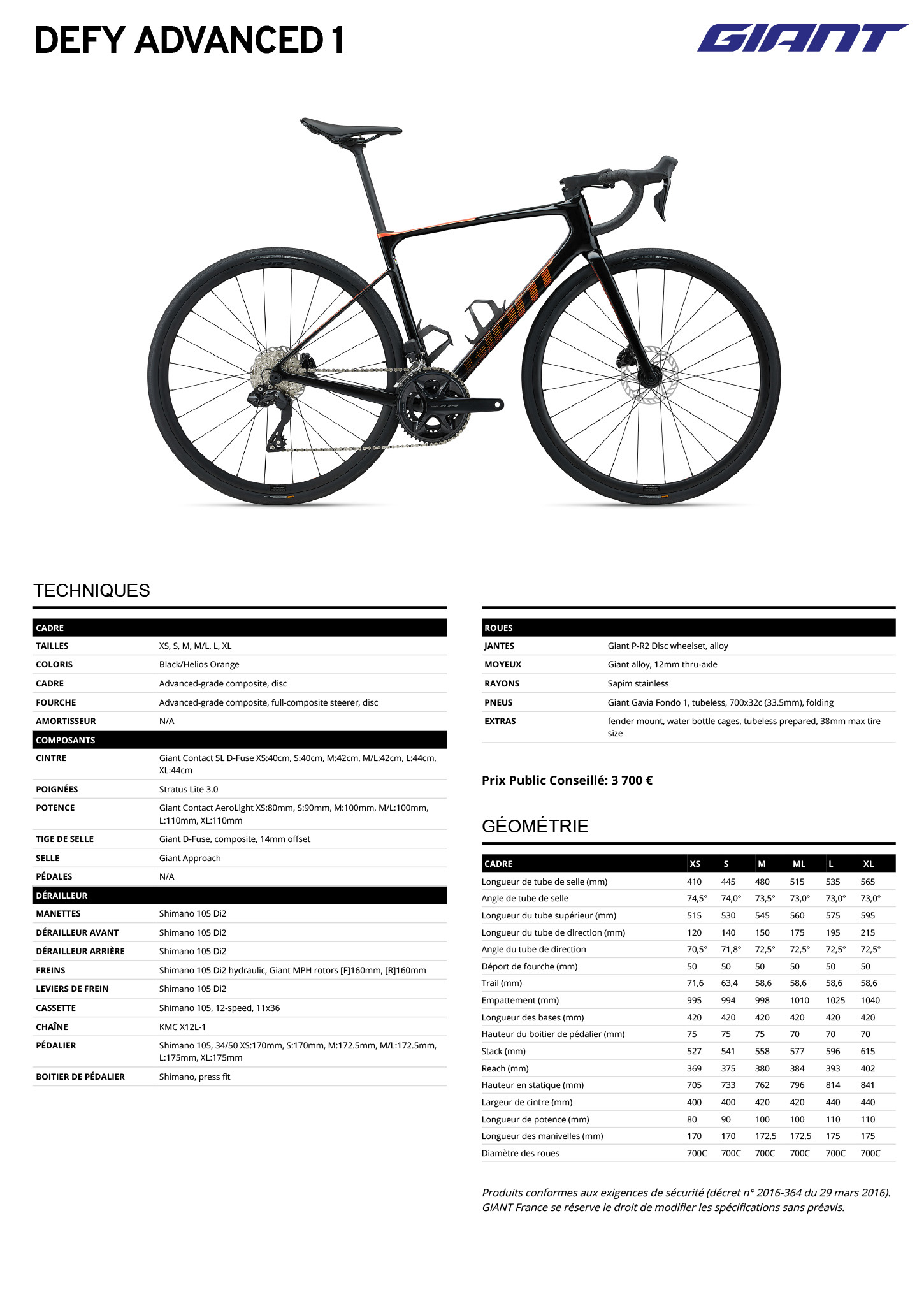 Fiche technique du velo Defy Advanced 1 année 2024