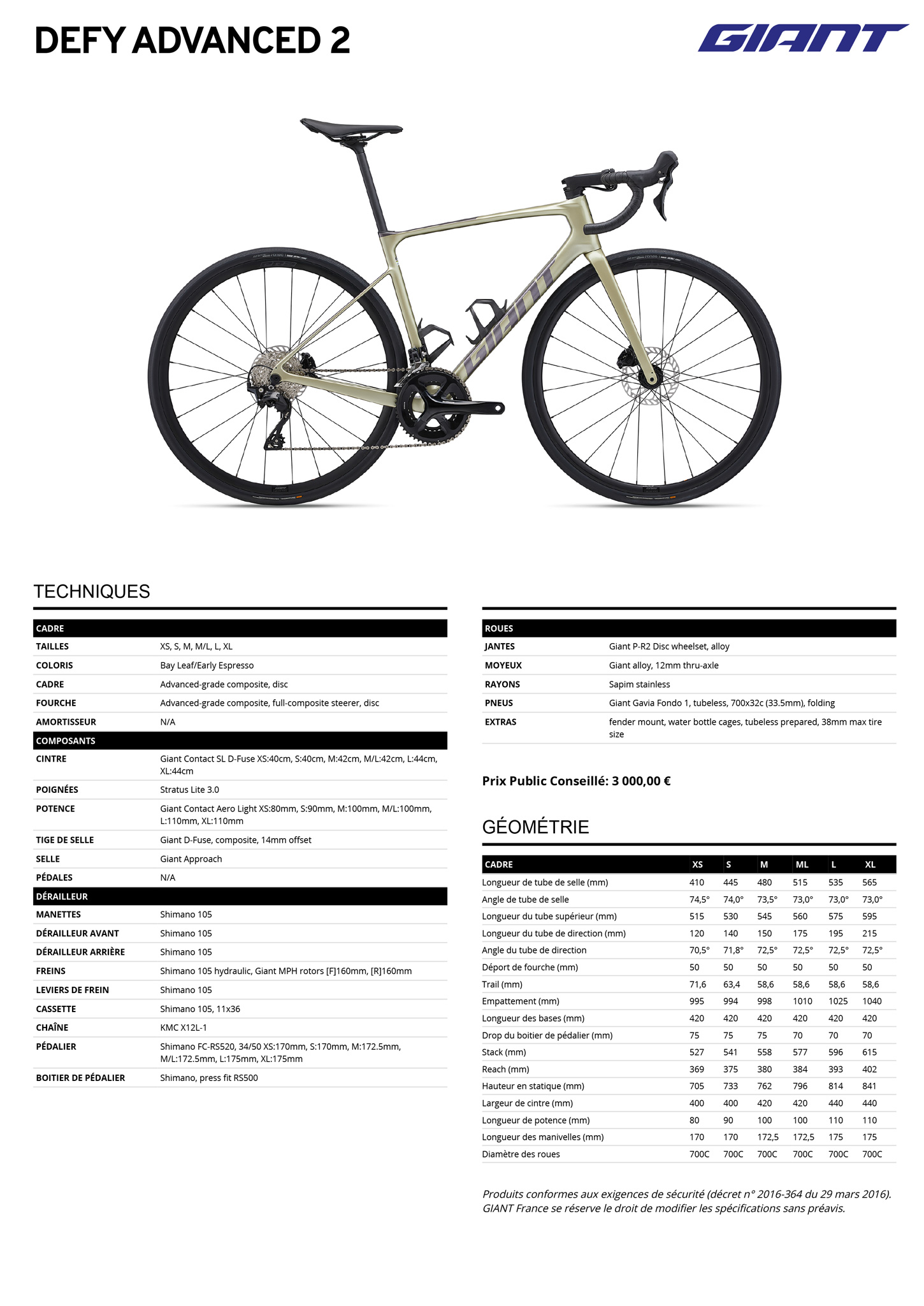 Fiche technique du velo Defy Advanced 2 année 2025