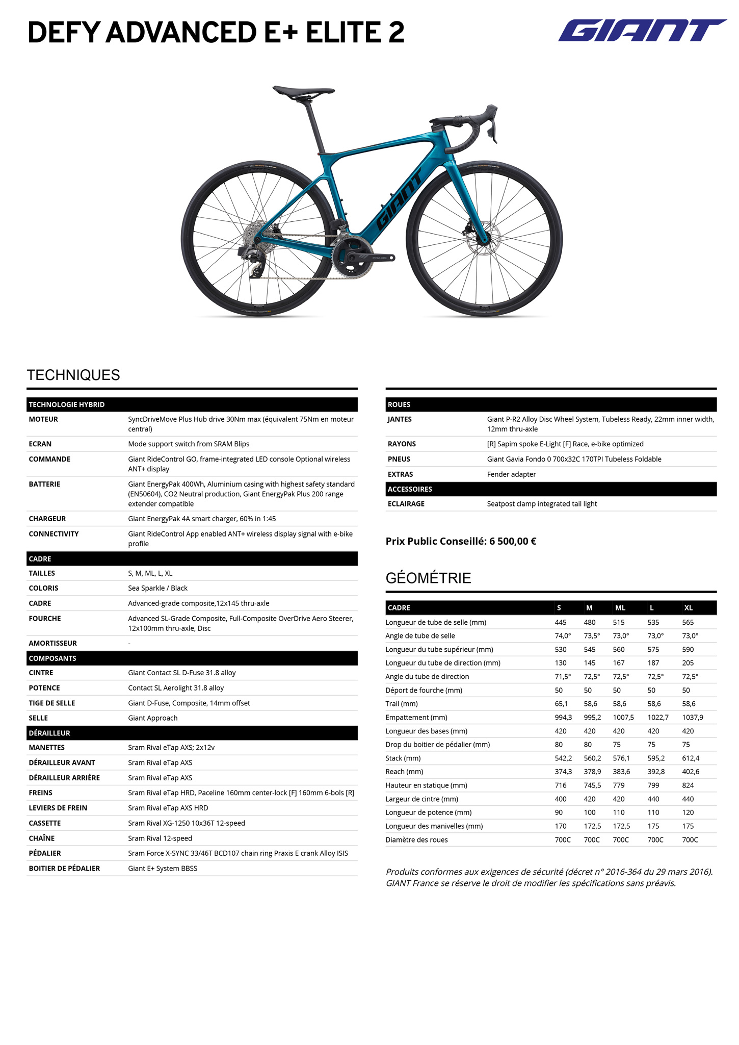 Fiche technique du velo électrique Defy Advanced E+ Elite 2 année 2025