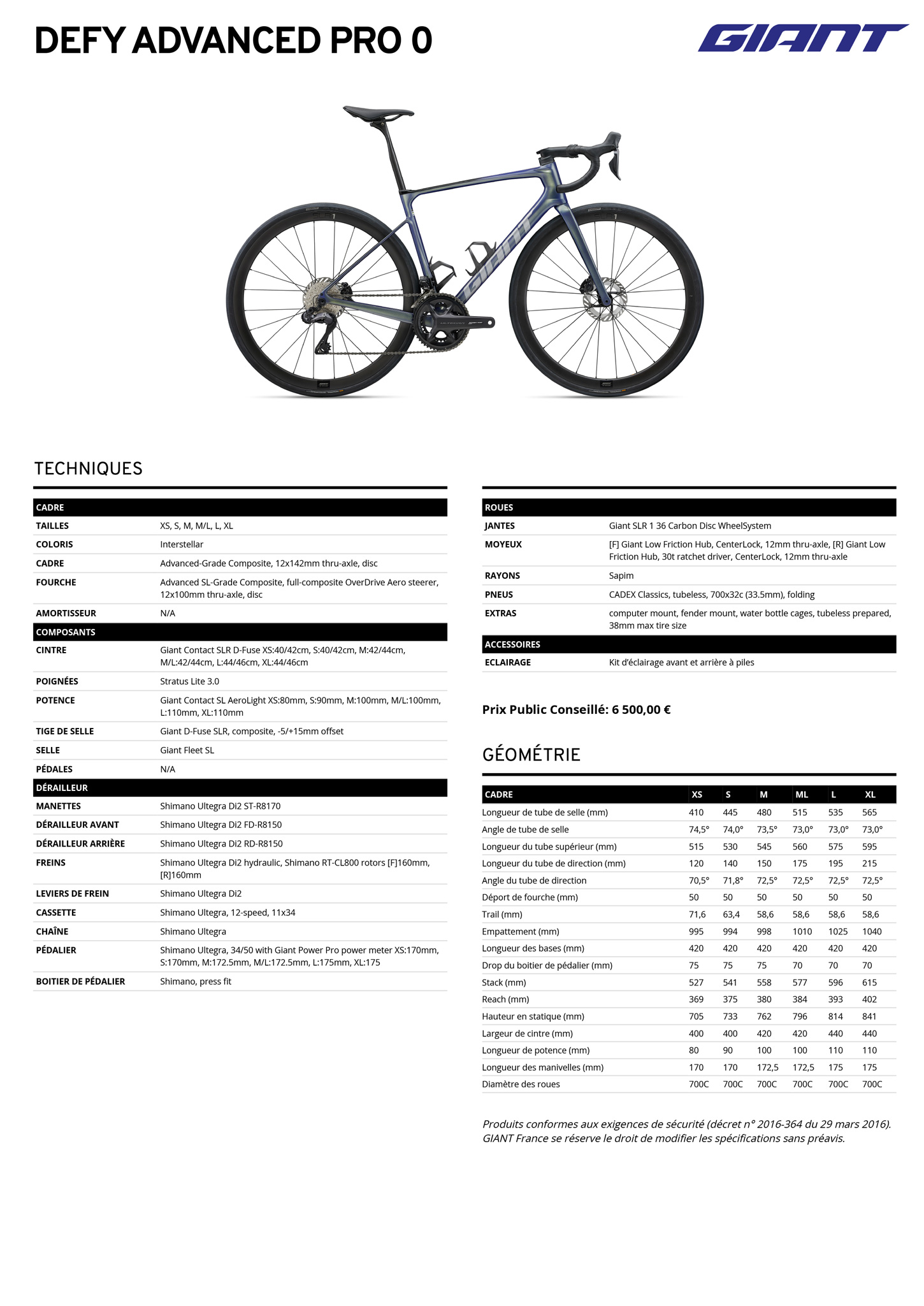 Fiche technique du velo Defy Advanced Pro 0 année 2025