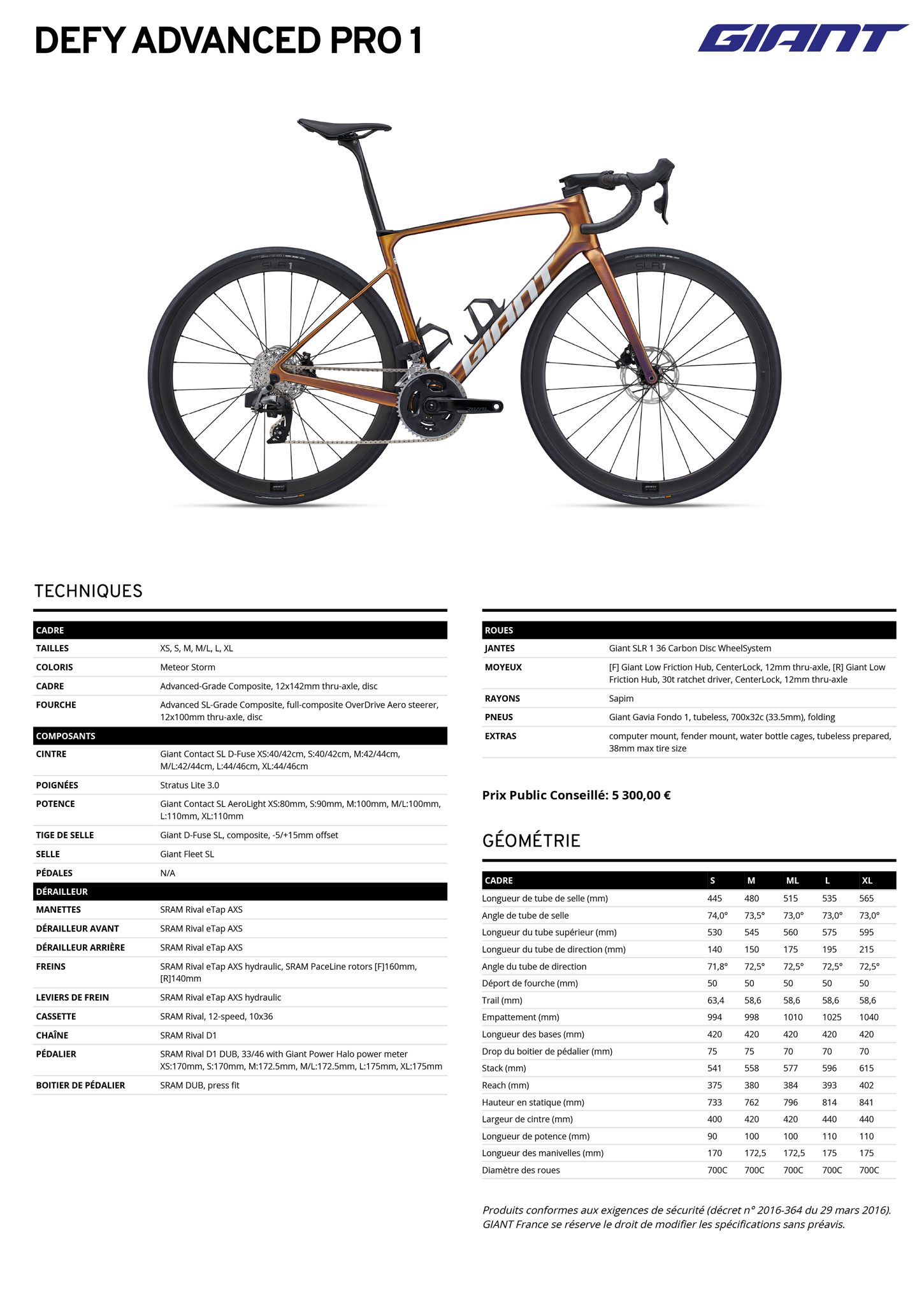 Fiche technique du velo Defy Advanced Pro 1 année 2025