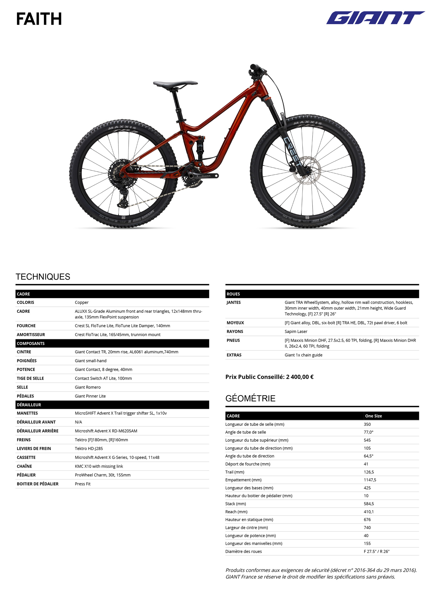 Fiche technique du vélo Faith 2025