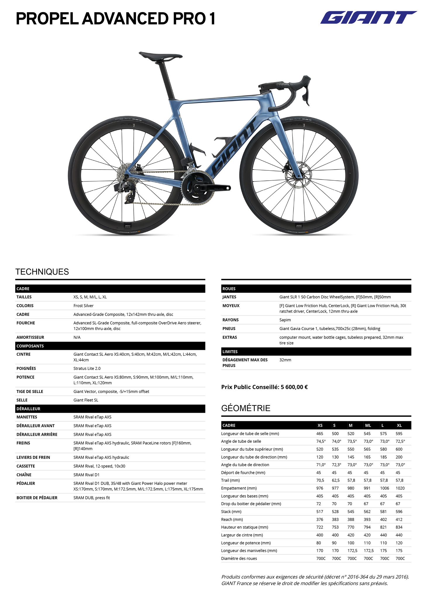 Fiche technique du velo Propel Advanced Pro 1 année 2025