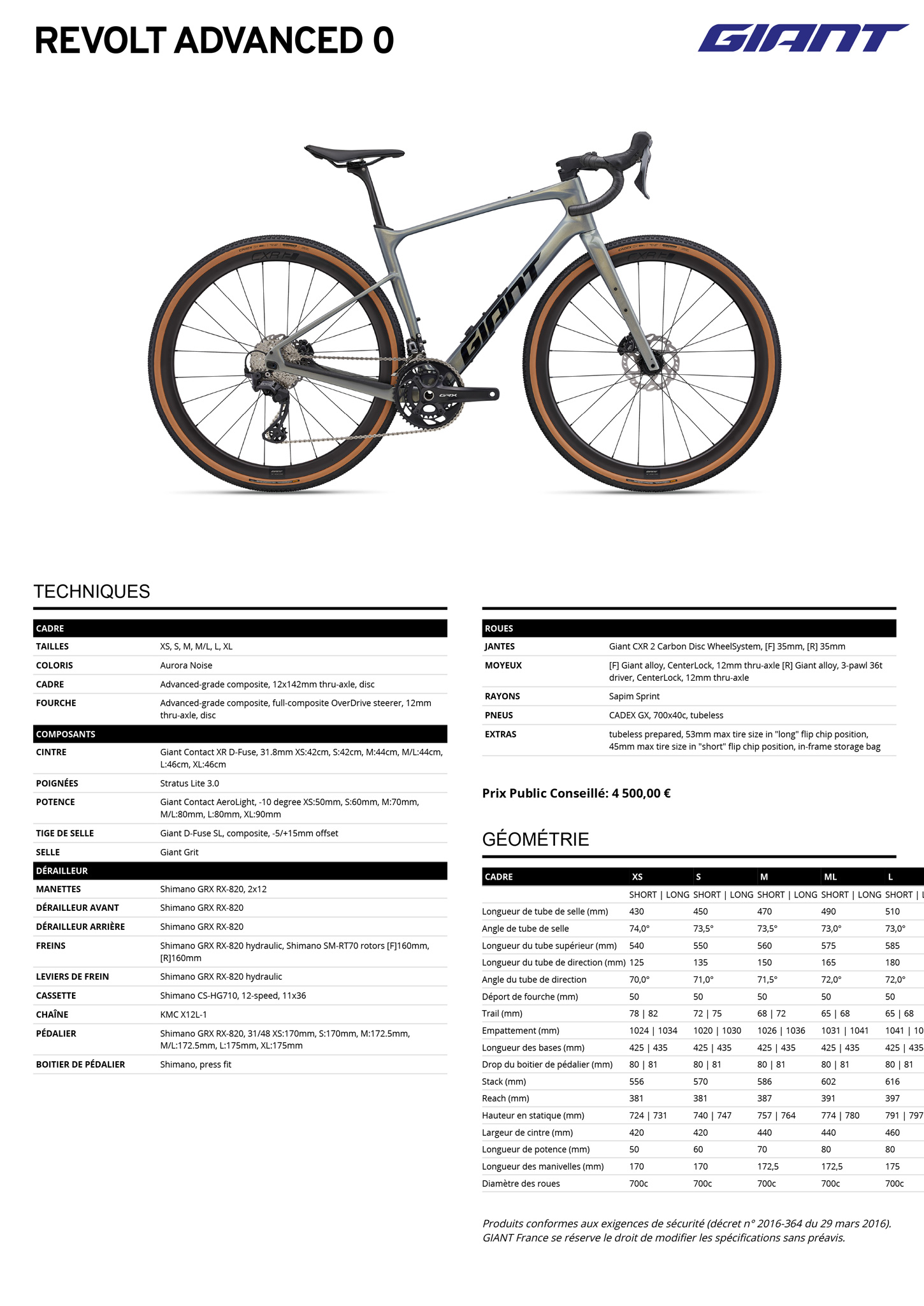 Fiche technique du velo Revolt Advanced 0 année 2025